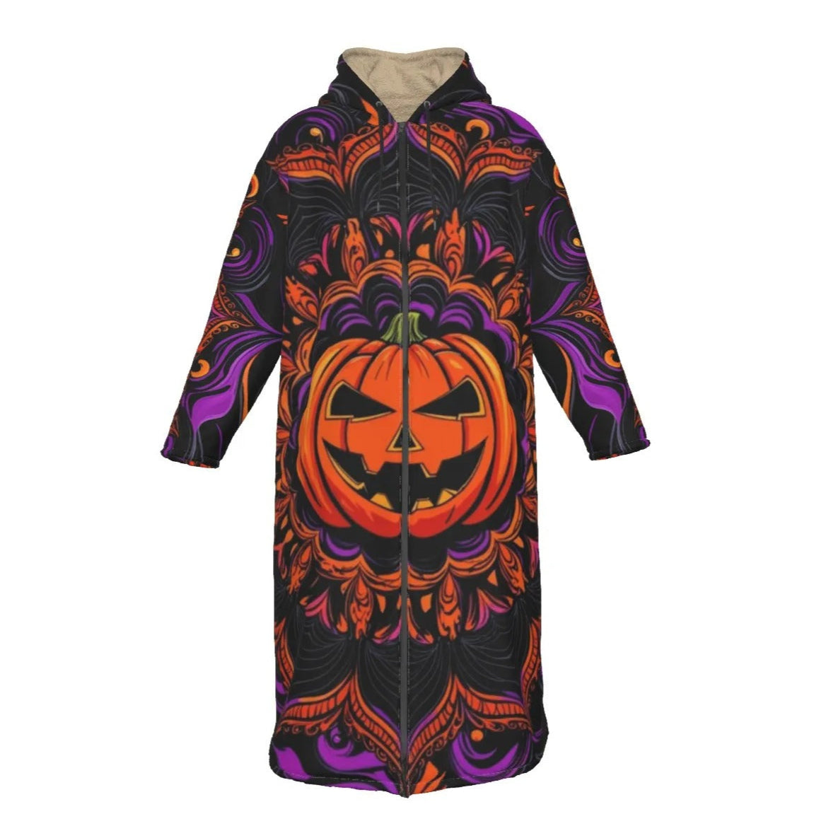 Pumpkin Mandala Magic Zip-Up Cloak, Halloween Jack-o’-Lantern Trench Coat, Spooky Mandala Art Costume, Halloween Costume Ideas