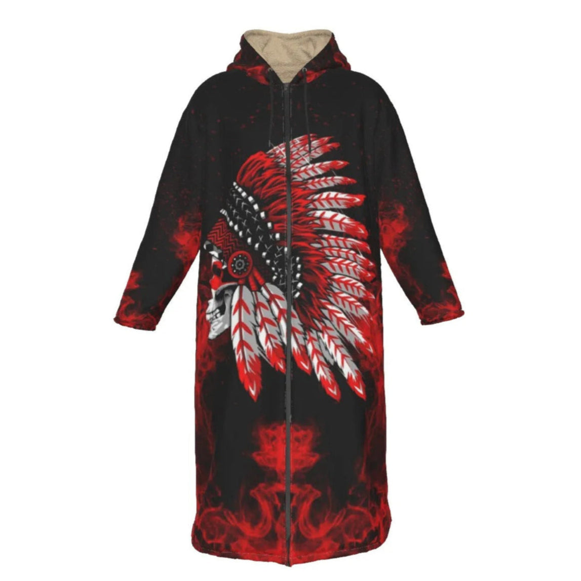Native American Skull Zip-Up Cloak, Red Feather Headdress Hooded Cape, Tribal Gothic Outerwear, Red Smoke Graphic Cloak, Warrior Biker Style