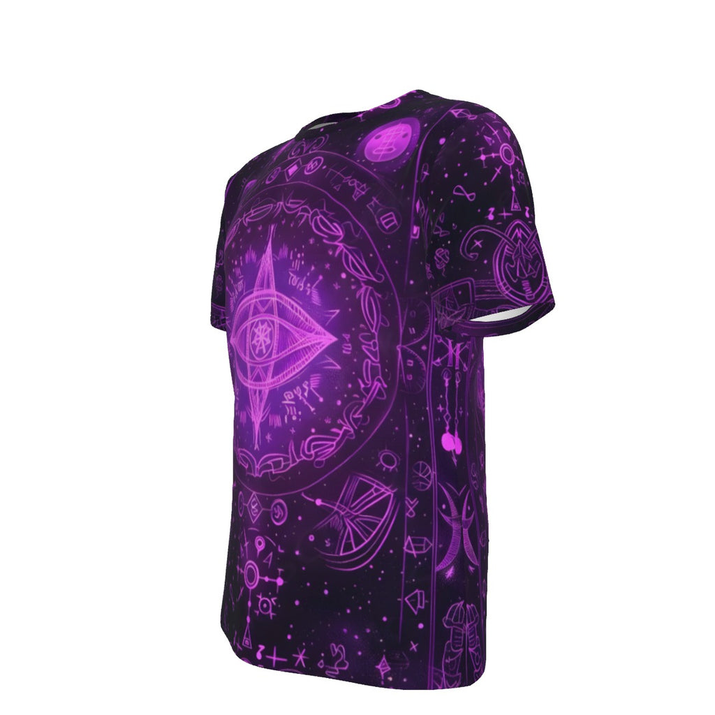 Mystical Fantasy T - Shirt, Arcane Magic Symbol T - Shirt, Witchcore Celestial Light T - Shirt, Vibrant Occult Energy T - Shirt, Esoteric Purple Spell T - Shirt