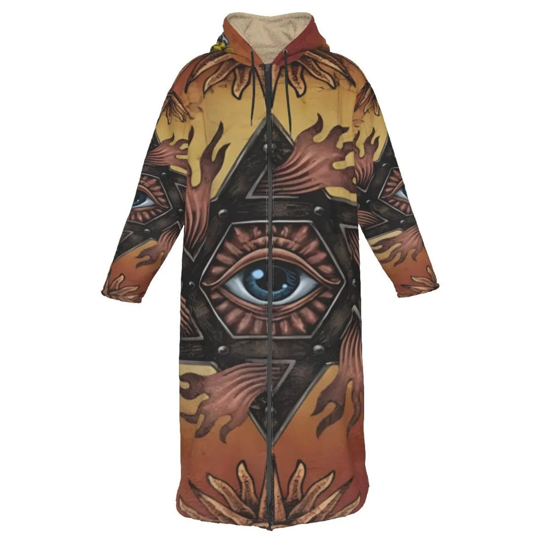 Mystic Eye Mandala Zip-Up Cloak, Sacred Geometry Hooded Robe with Zipper, Visionary Art Festival Cape, Esoteric Spiritual Streetwear