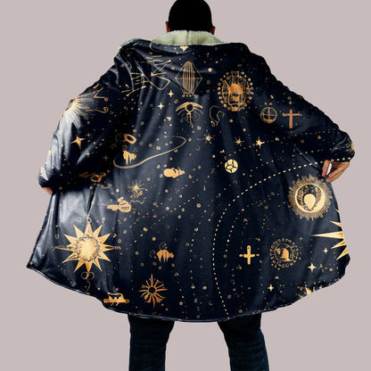 Celestial Hooded Cloak, Astrology Star Map Cape, Mystical Constellation Sherpa Lined Blanket Hoodie, Zodiac Galaxy Robe for Men & Women