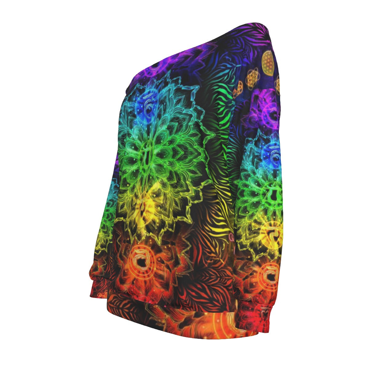 Sacred Chakra Mandala Off-Shoulder, Vibrant Rainbow Energy Healing Off-Shoulder, Spiritual Energy Symbol, Colorful Sacred Geometry Off-Shoulder, Mandala Off-Shoulder