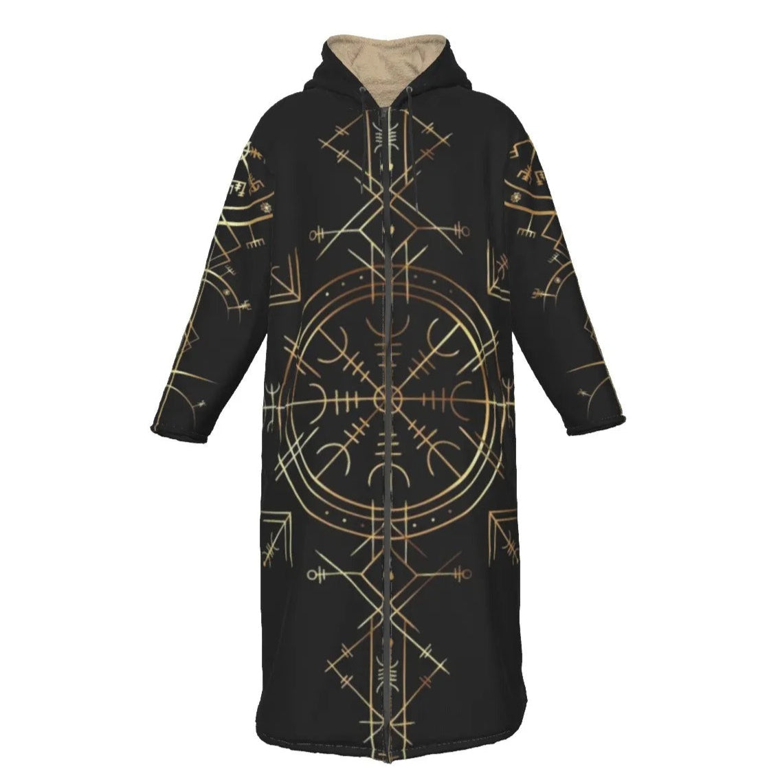 Viking Vegvisir Mysticism Zip-Up Cloak, Norse Rune Viking Hooded Cape, Nordic Compass Spiritual Outerwear, Sacred Geometry Viking Fashion