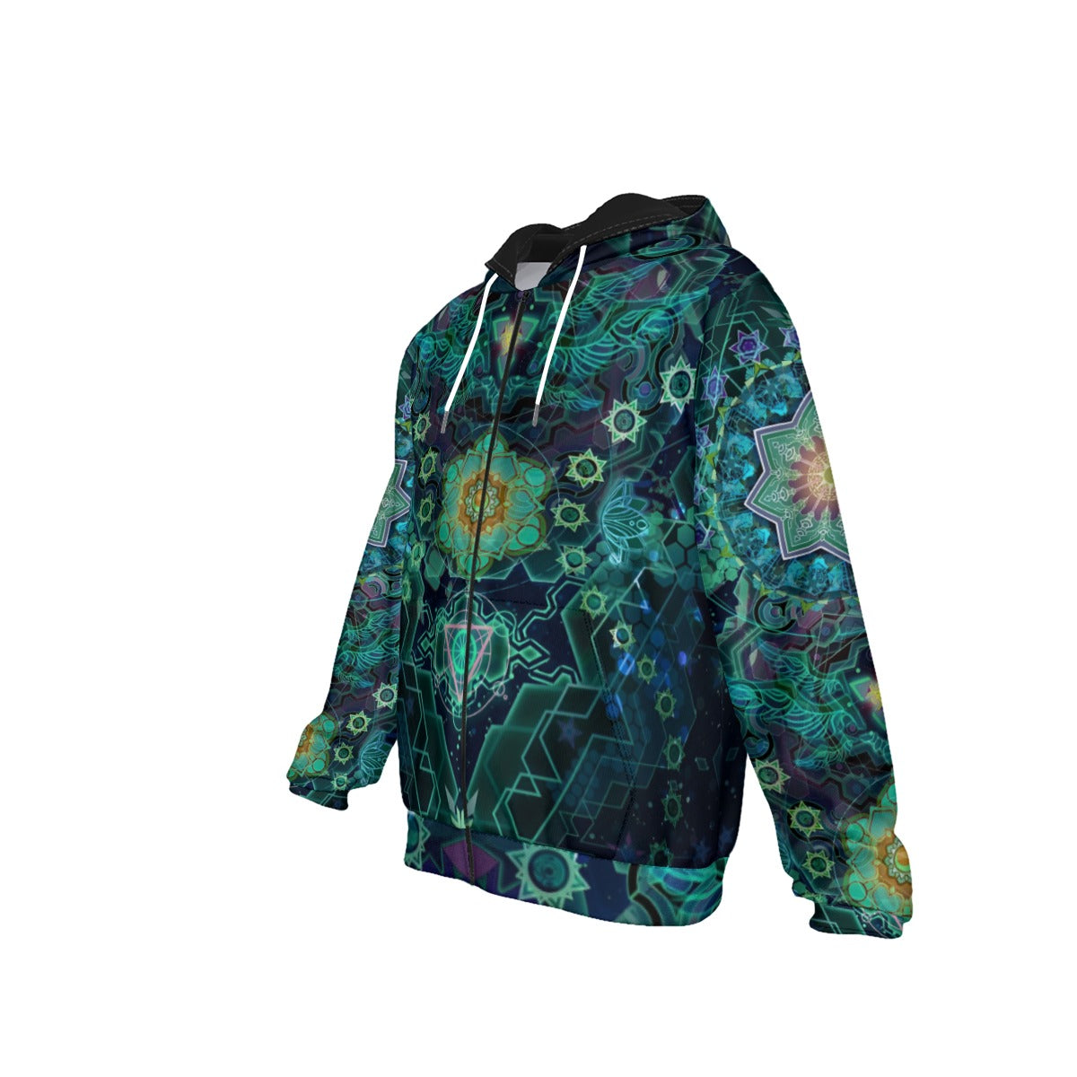 Yantric Geometry Zip Hoodie, Sacred Mandala Energy Zip Hoodie, Mystic Geometric Light Zip Hoodie, Vibrant Spiritual Pattern Zip Hoodie, Celestial Yantra Zip Hoodie
