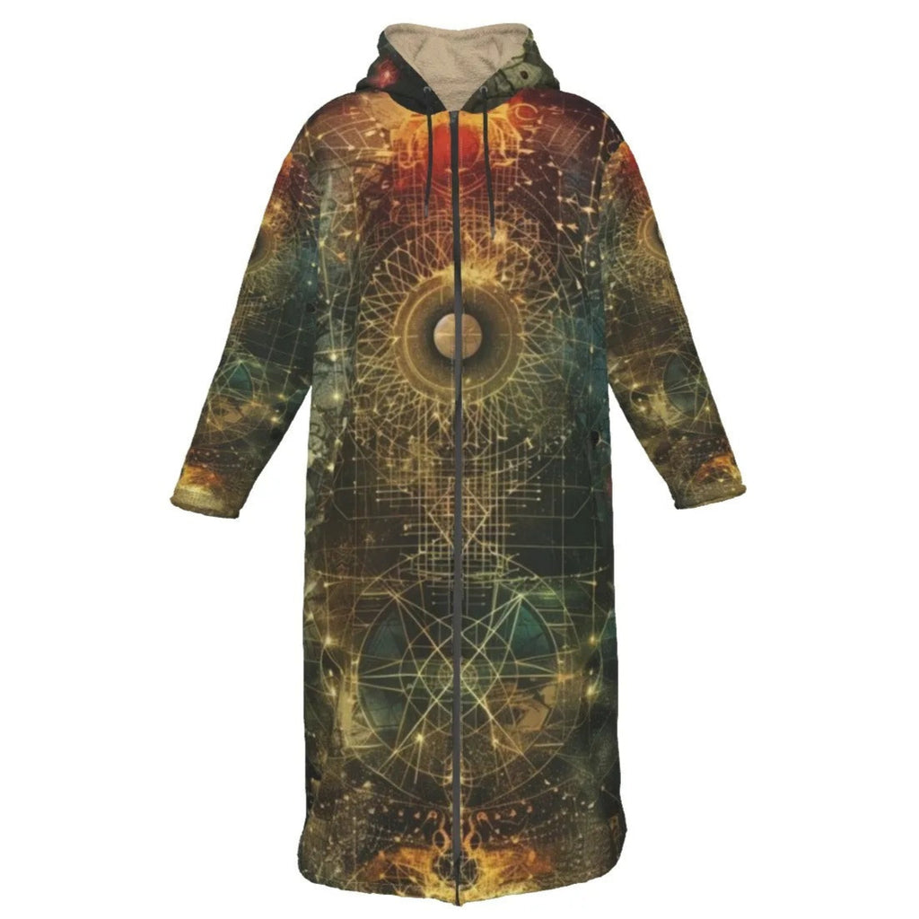 Celestial Alchemy Zip-Up Cloak, Mystical Hooded Robe with Sacred Geometry, Cosmic Grid & Astral Light Print