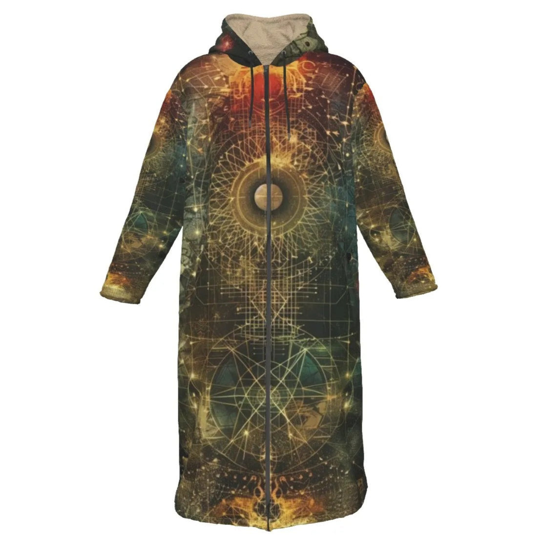 Celestial Alchemy Zip-Up Cloak, Mystical Hooded Robe with Sacred Geometry, Cosmic Grid & Astral Light Print