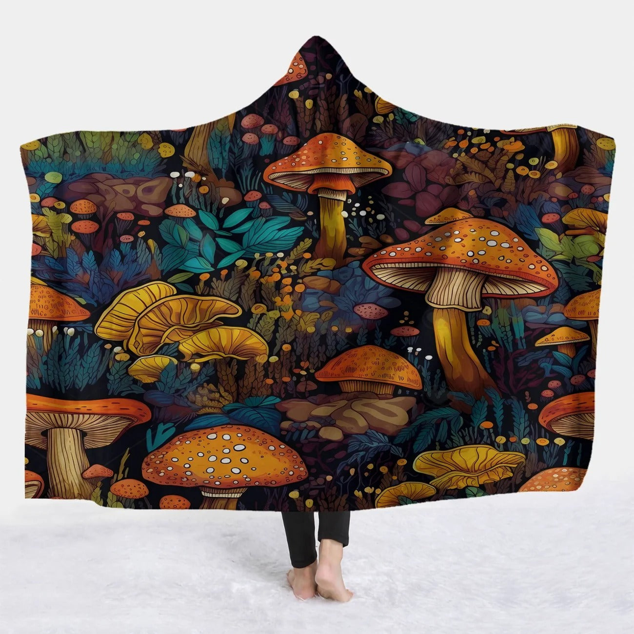 Mushroom Hooded Blanket, Enchanted Forest Fungi Pattern, Cozy Warm Throw Blanket, Perfect Gift for Nature and Outdoor Lovers. BLKAC56