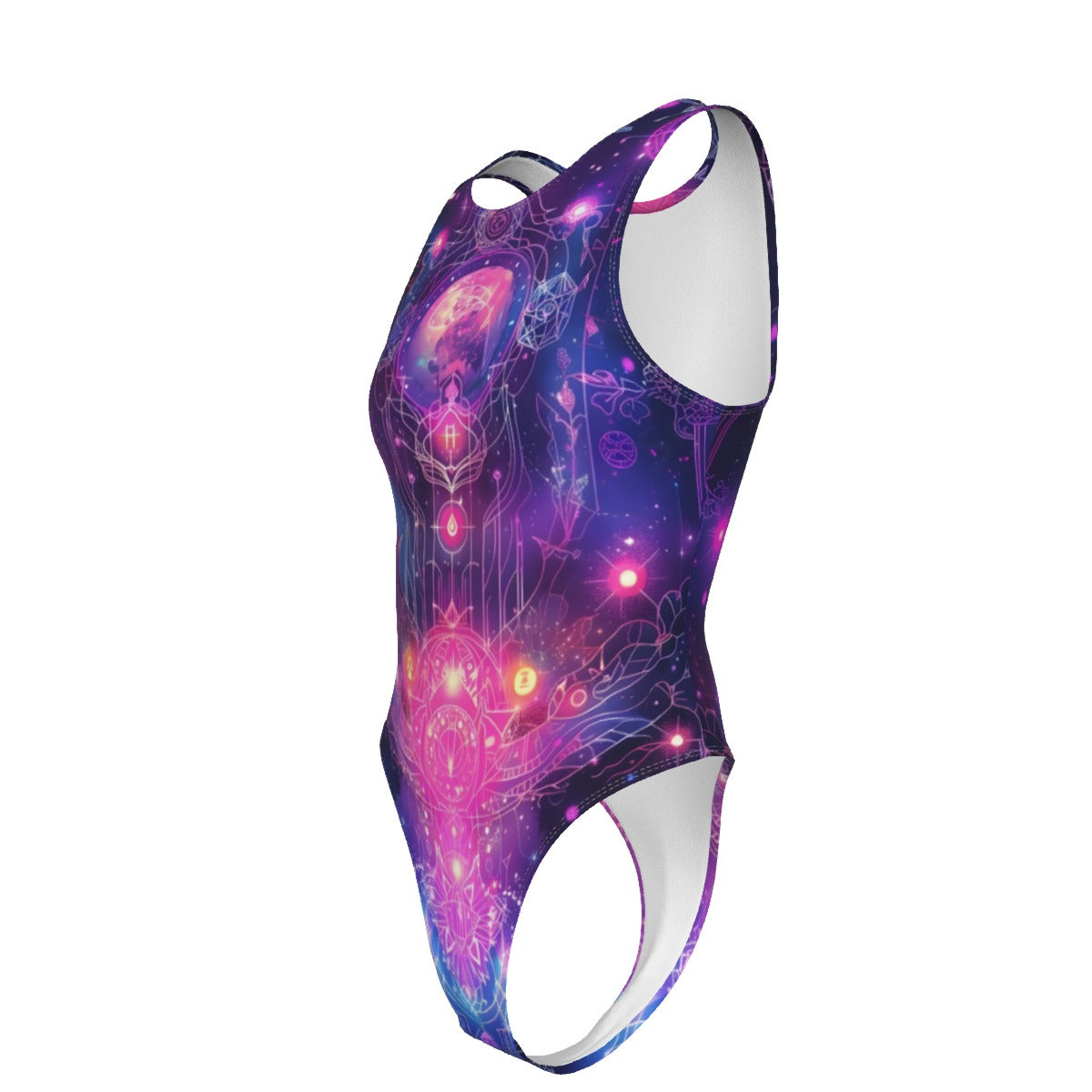 Cosmic Mysticism Tank Bodysuit, Celestial Portal Energy Bodysuit, Astral Light Symbol Bodysuit, Vibrant Metaphysical Galaxy Bodysuit, Spiritual Geometry Bodysuit