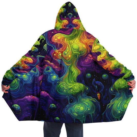 Abstract Neon HOODED CLOAK, Psychedelic Cape, Vibrant Neon Rave Jacket, Colorful Festival Coat, Outerwear for Festivals, Trippy Wizard Cloak