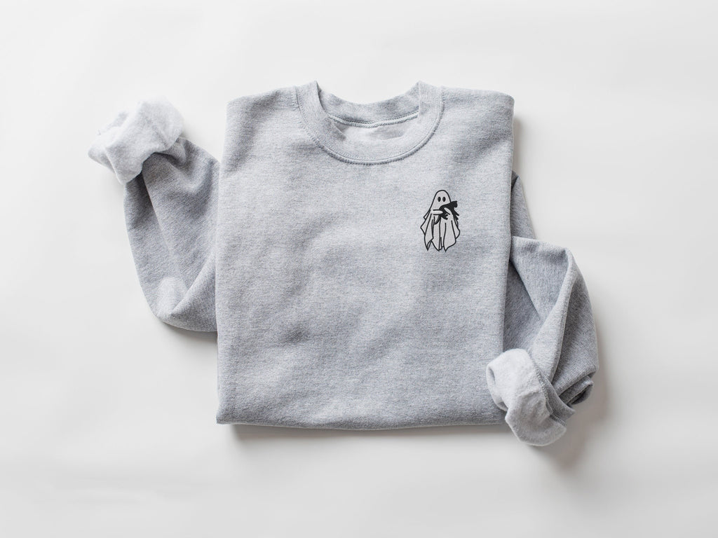 Embroidered Ghost Sweatshirt, Halloween Embroidered Crewneck, Black Cat, Fall Sweatshirt for Women, Halloween Crewneck, Halloween Gifts, Spooky Season EBAC03