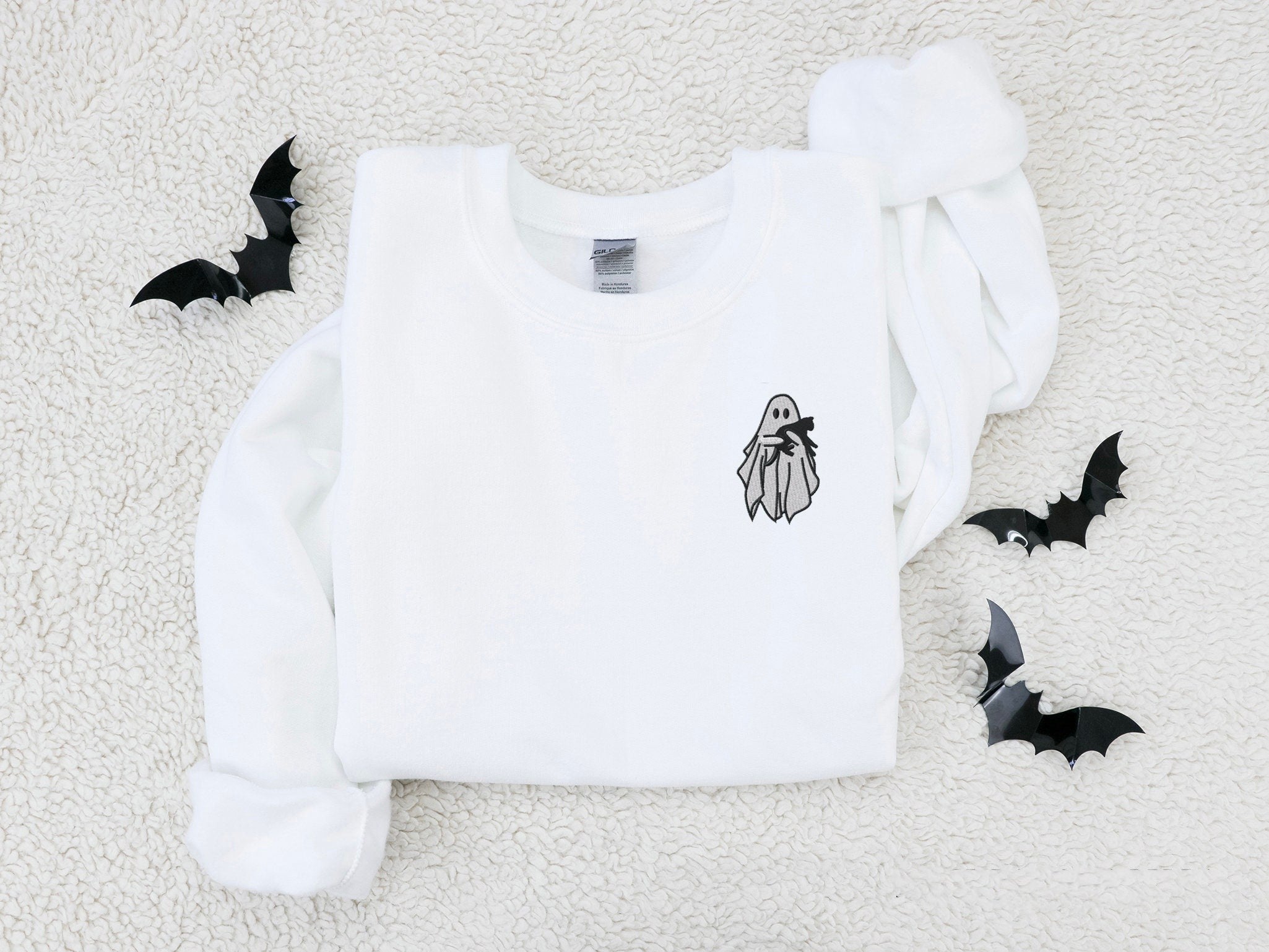 Embroidered Ghost Sweatshirt, Halloween Embroidered Crewneck, Black Cat, Fall Sweatshirt for Women, Halloween Crewneck, Halloween Gifts, Spooky Season EBAC03