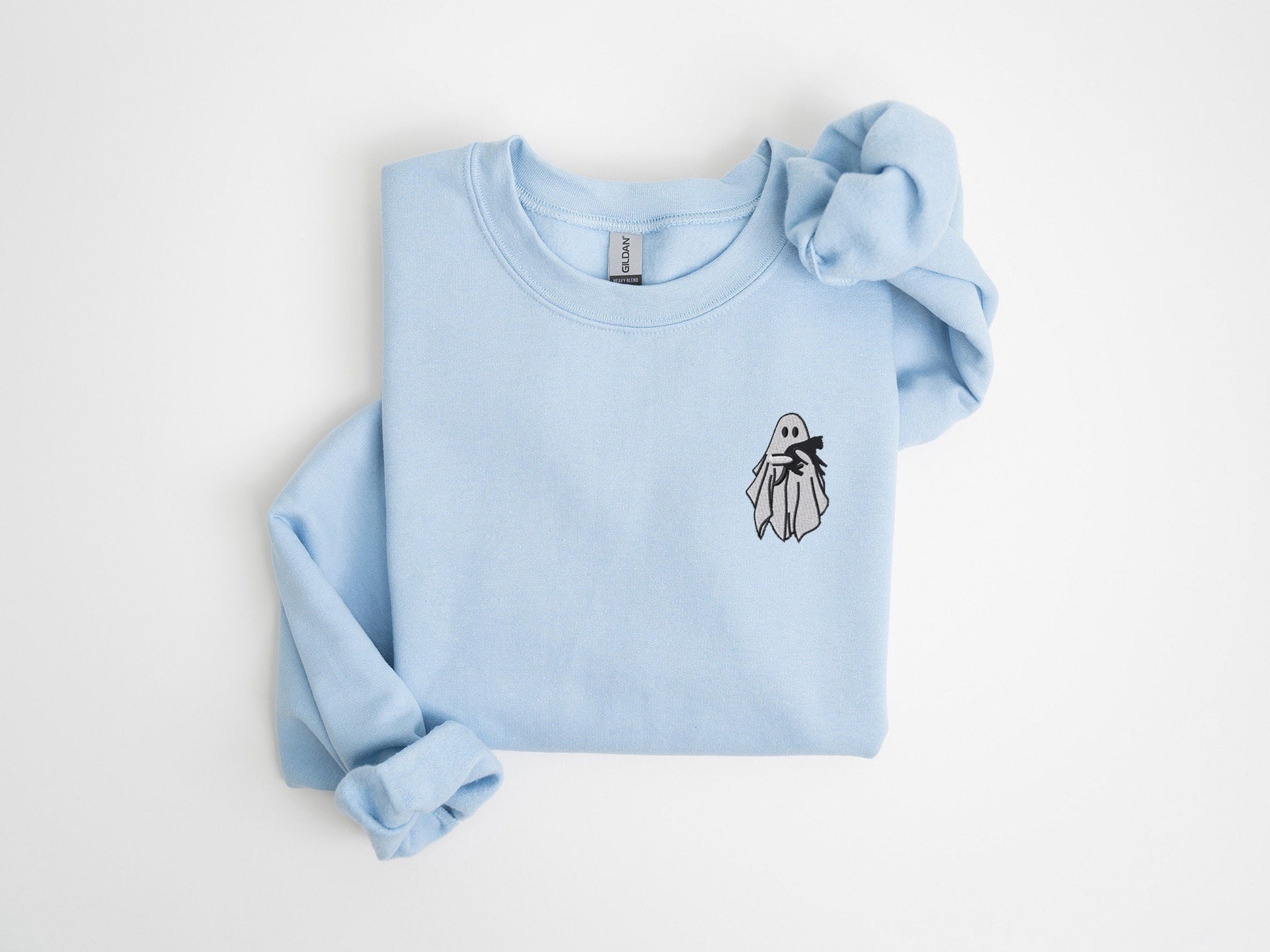 Embroidered Ghost Sweatshirt, Halloween Embroidered Crewneck, Black Cat, Fall Sweatshirt for Women, Halloween Crewneck, Halloween Gifts, Spooky Season EBAC03