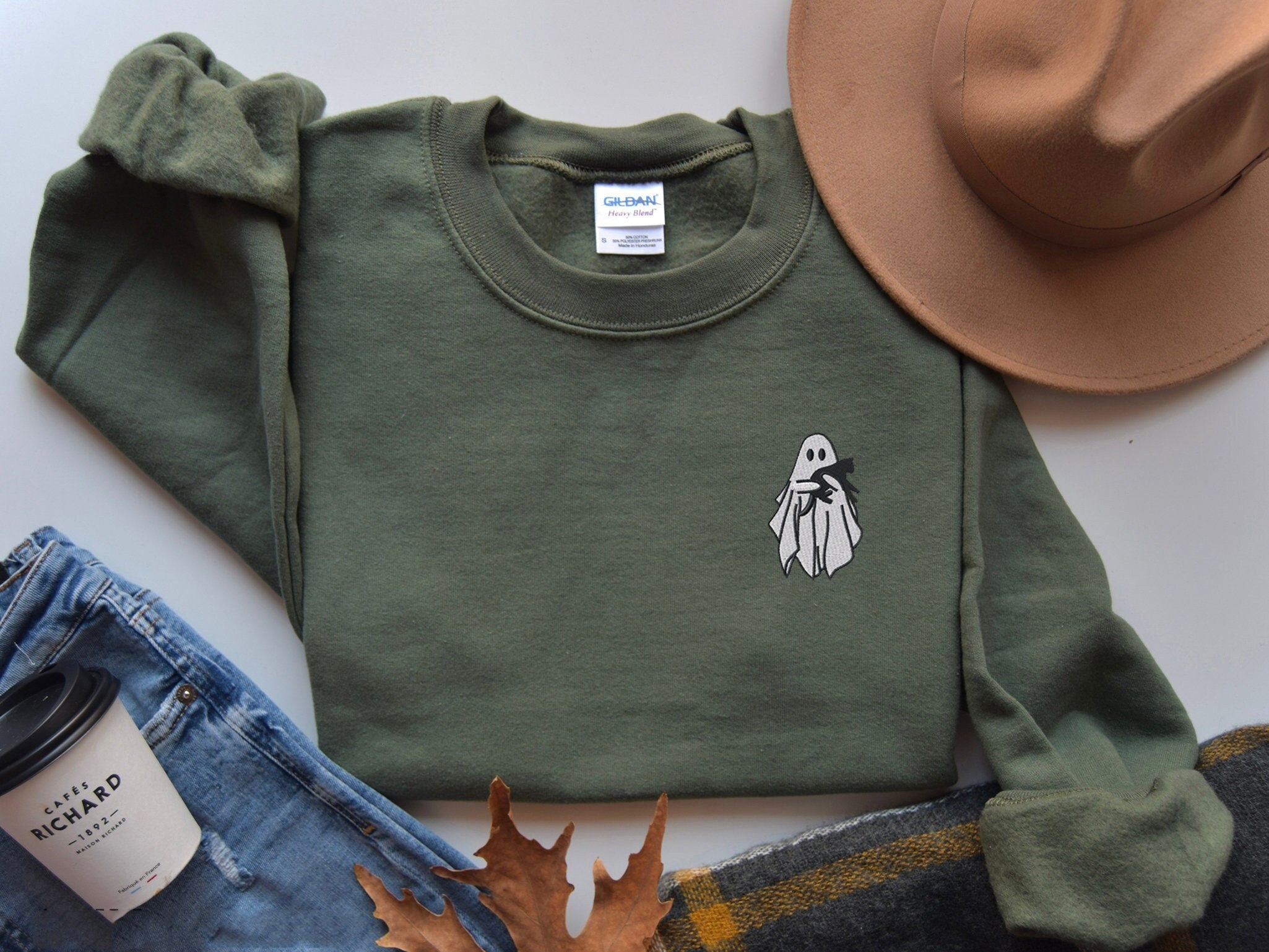 Embroidered Ghost Sweatshirt, Halloween Embroidered Crewneck, Black Cat, Fall Sweatshirt for Women, Halloween Crewneck, Halloween Gifts, Spooky Season EBAC03