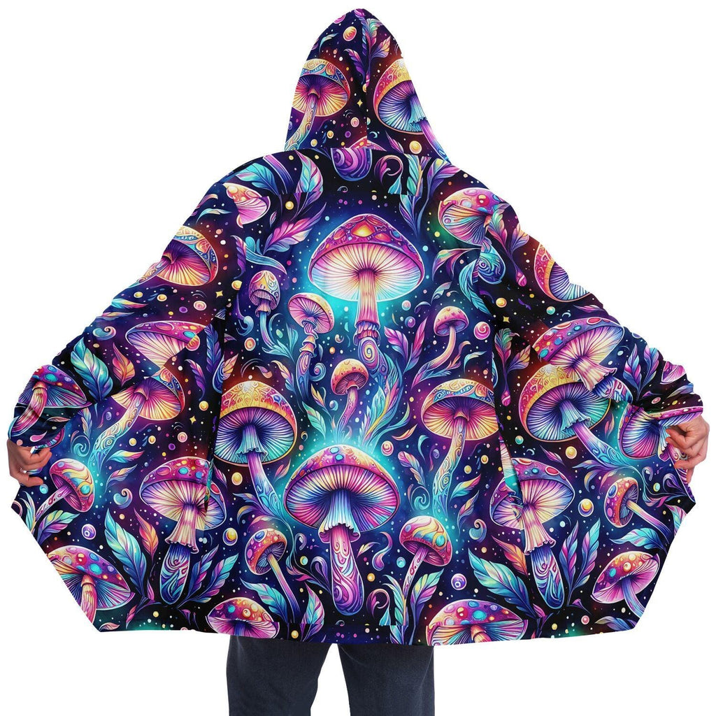Psychedelic Mushrooms Black Rave Festival Cloak, Fleece Festival Coat, Cloak With Hood, Rave Cloak, Rave Wear, Cloak Pattern