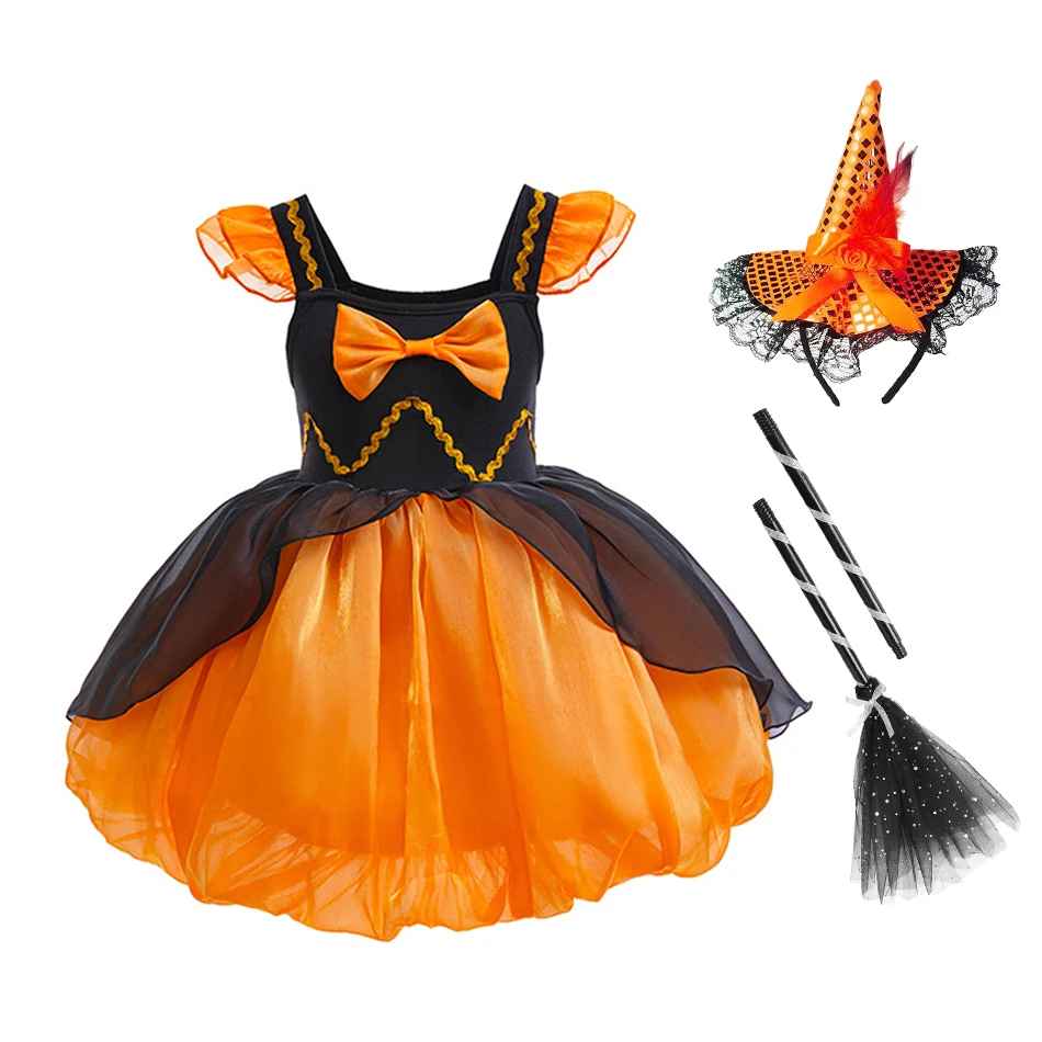 Halloween Costumes For Kids, Girls Pumpkin Halloween Costume, Cute Witch Princess Dress for Kids, Fluffy Orange Cosplay Gown