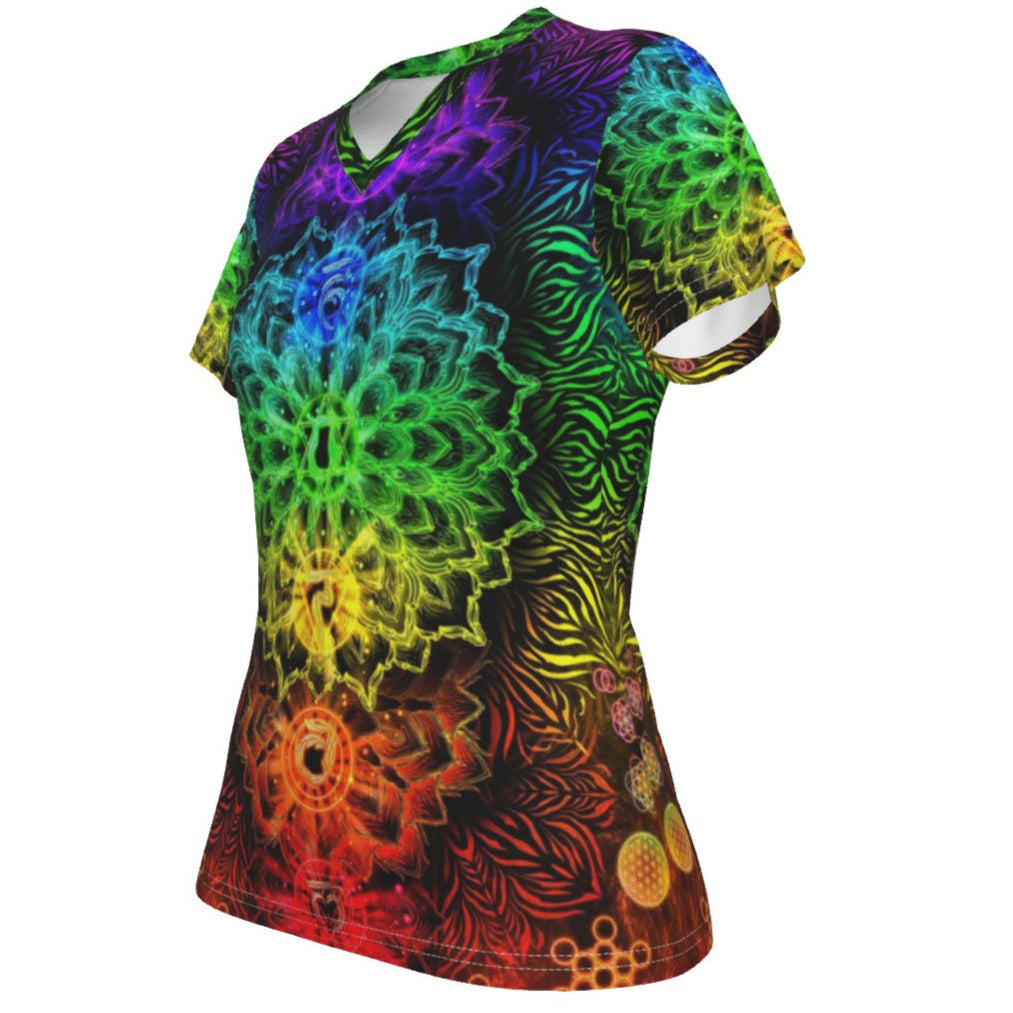 Sacred Chakra Mandala V-neck Women's T-shirt, Vibrant Rainbow Energy Healing V-neck T-shirt, Spiritual Energy Symbol, Colorful Sacred Geometry V-neck , Mandala  V-neck T-shirt