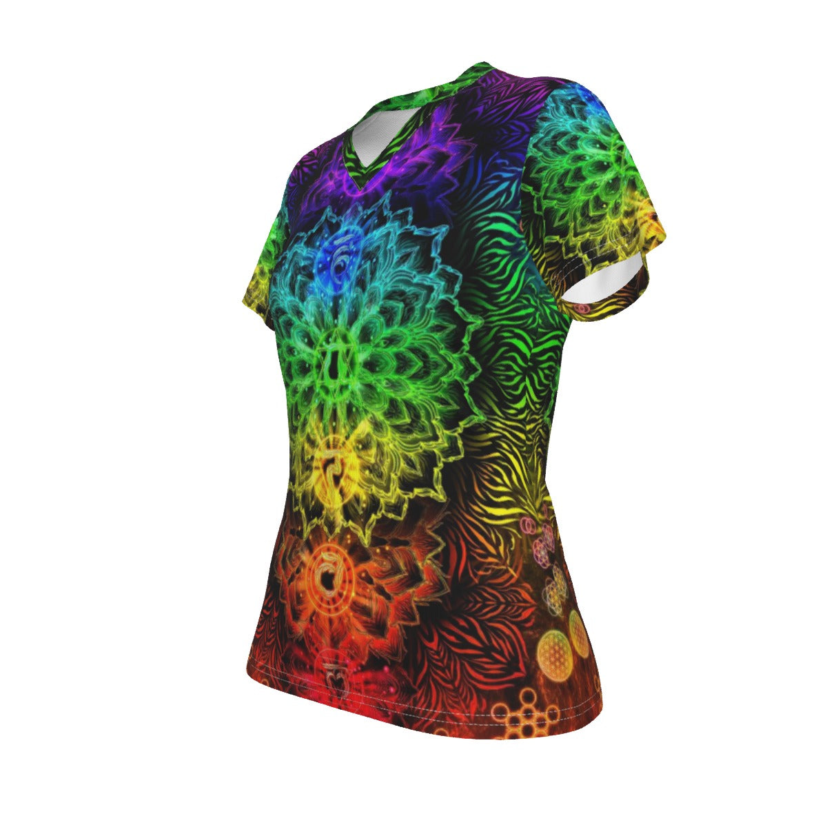 Sacred Chakra Mandala V-neck Women's T-shirt, Vibrant Rainbow Energy Healing V-neck T-shirt, Spiritual Energy Symbol, Colorful Sacred Geometry V-neck , Mandala  V-neck T-shirt