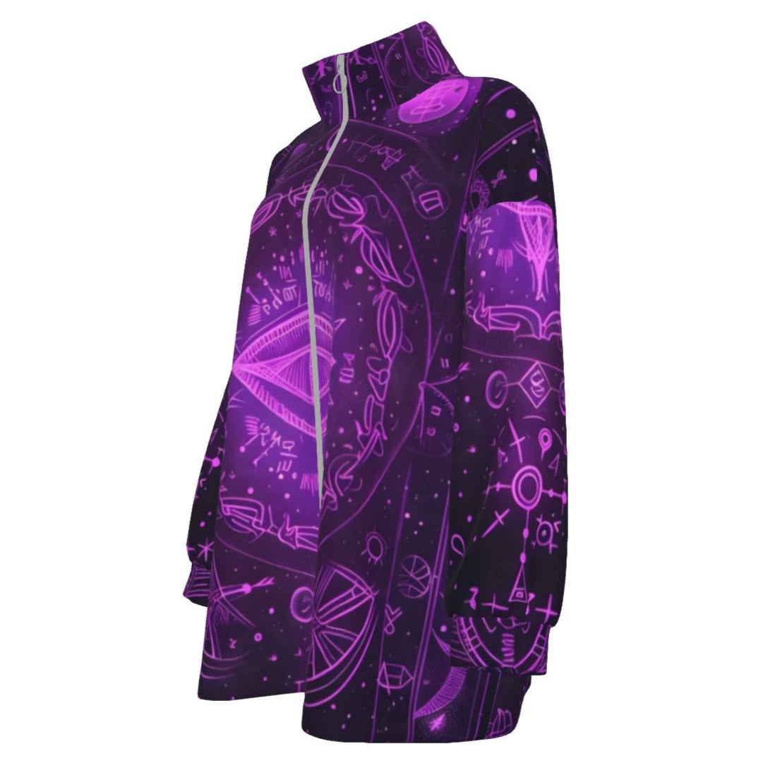 Mystical Fantasy Coats Women, Arcane Magic Symbol Coats, Witchcore Celestial Light Coats, Vibrant Occult Energy Coats, Esoteric Purple Spell Coats