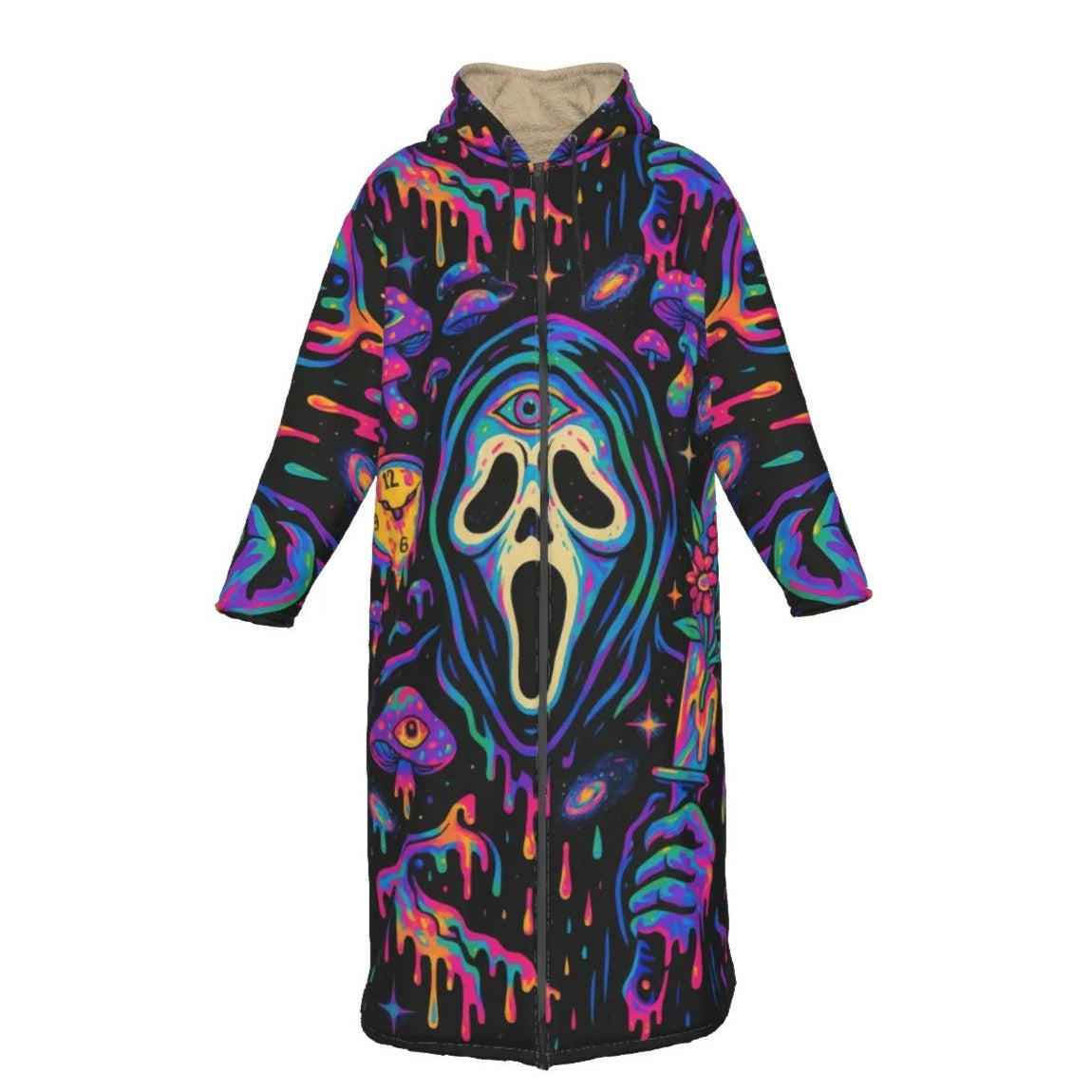 Psychedelic Halloween Mushrooms Zip-Up Cloak, Neon Trippy Mushroom Hooded Cape, Spooky Halloween Costume, Horror Outerwear