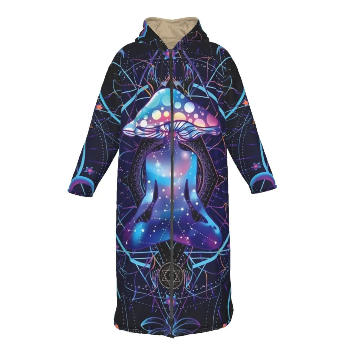 Mystic Mushroom Awakening Zip-Up Cloak, Psychedelic Spiritual Hooded Cape, Cosmic Mushroom Zipper Cloak, Visionary Art Festival Wear, Boho Mystic Style