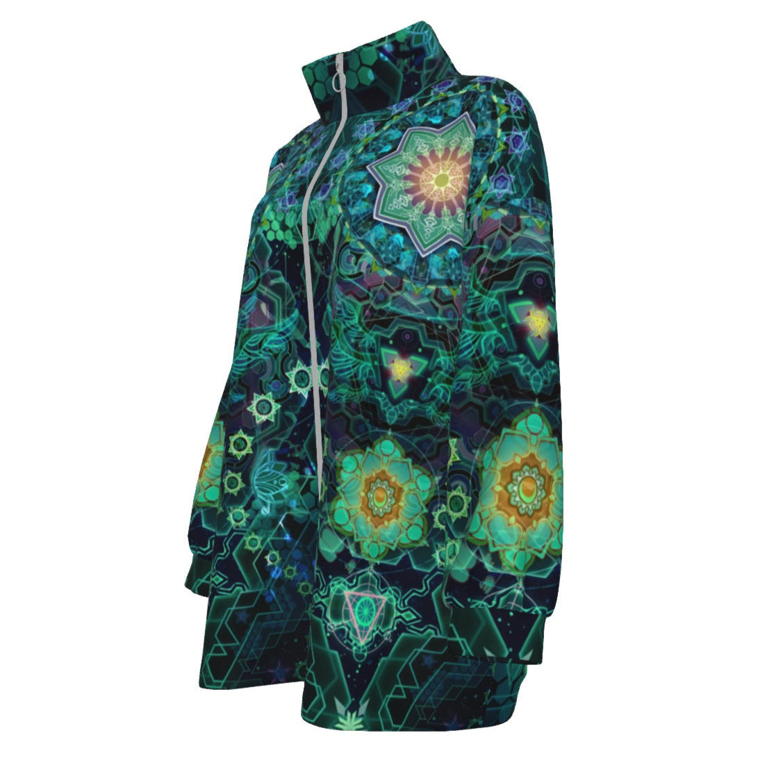 Yantric Geometry Coats Women, Sacred Mandala Energy Coats, Mystic Geometric Light Coats, Vibrant Spiritual Pattern Coats, Celestial Yantra Coats