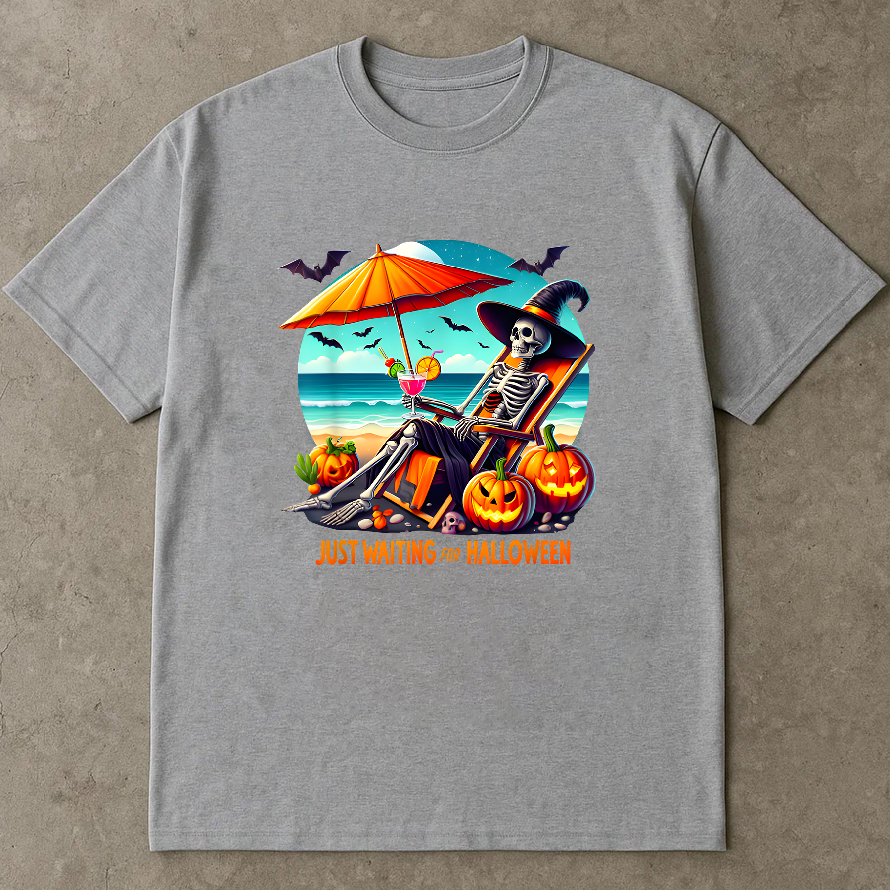 Just Waiting For Halloween Shirt,Halloween Beach Spooky Skeleton T-Shirt