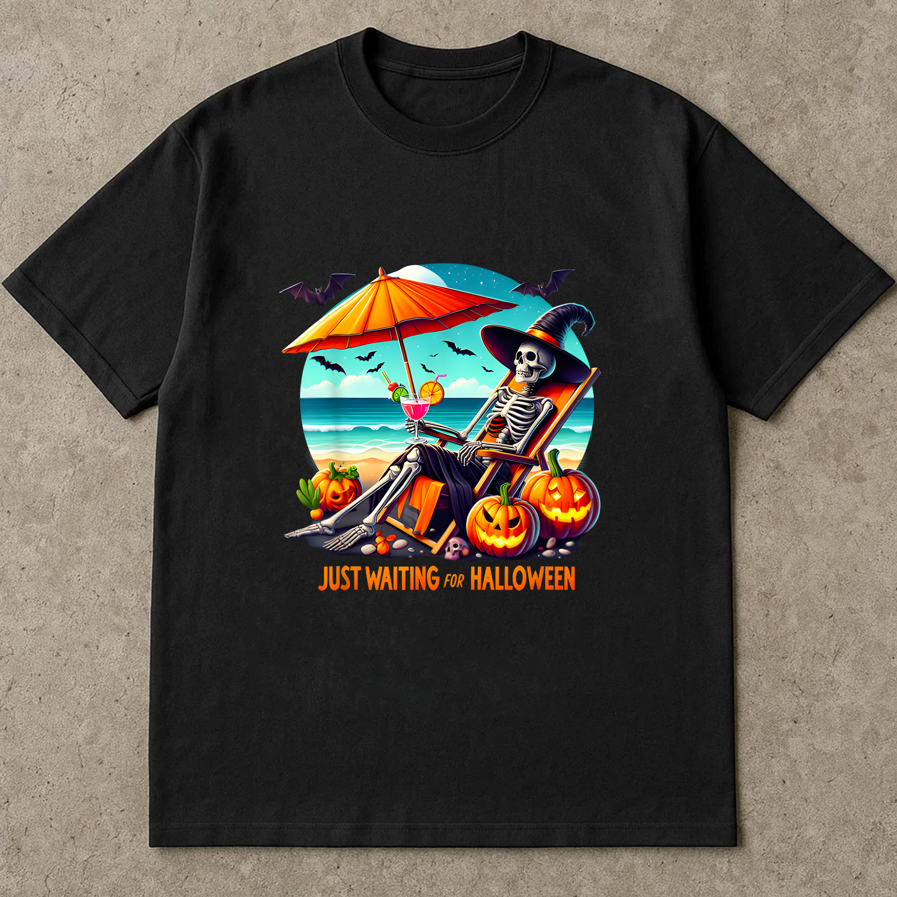 Just Waiting For Halloween Shirt,Halloween Beach Spooky Skeleton T-Shirt