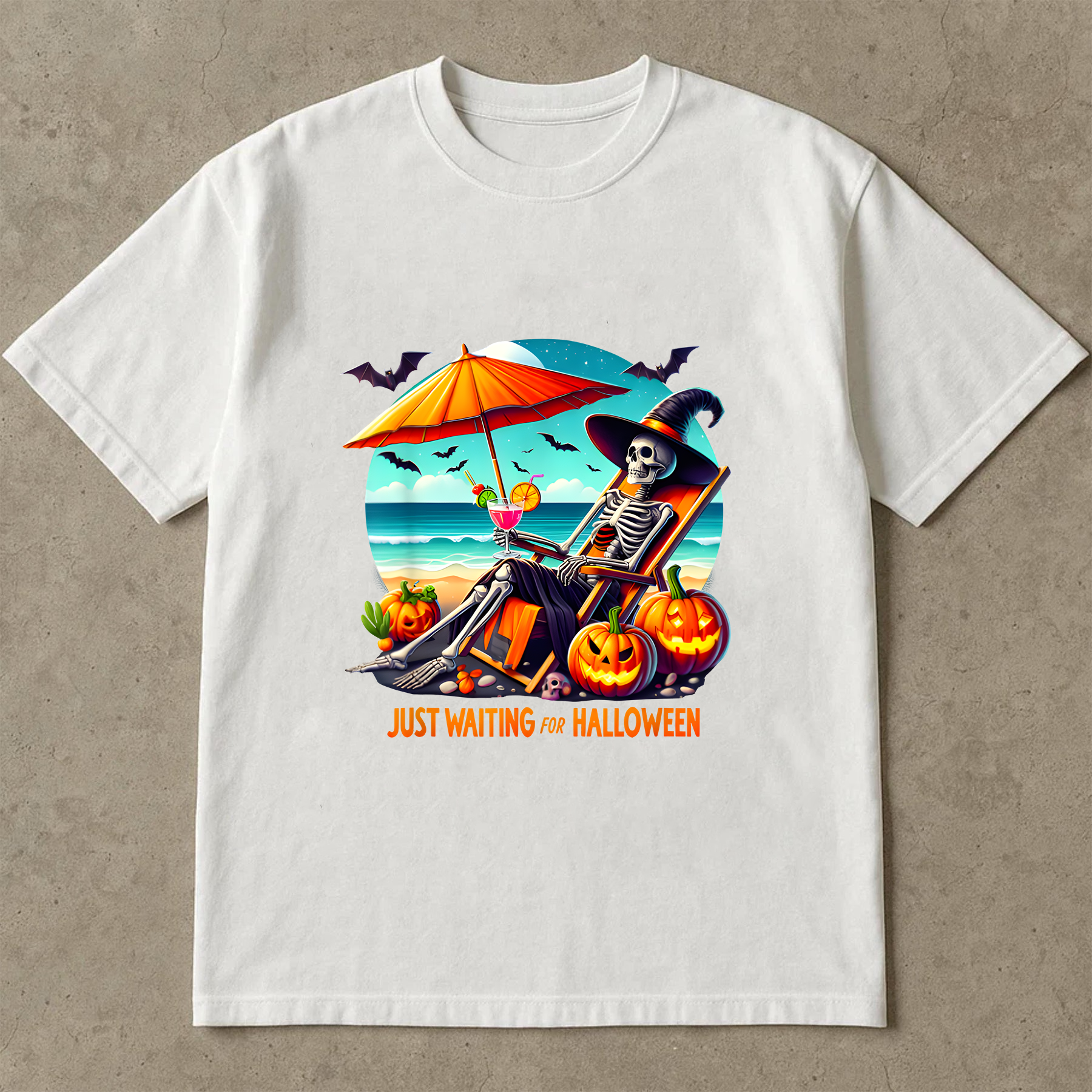 Just Waiting For Halloween Shirt,Halloween Beach Spooky Skeleton T-Shirt