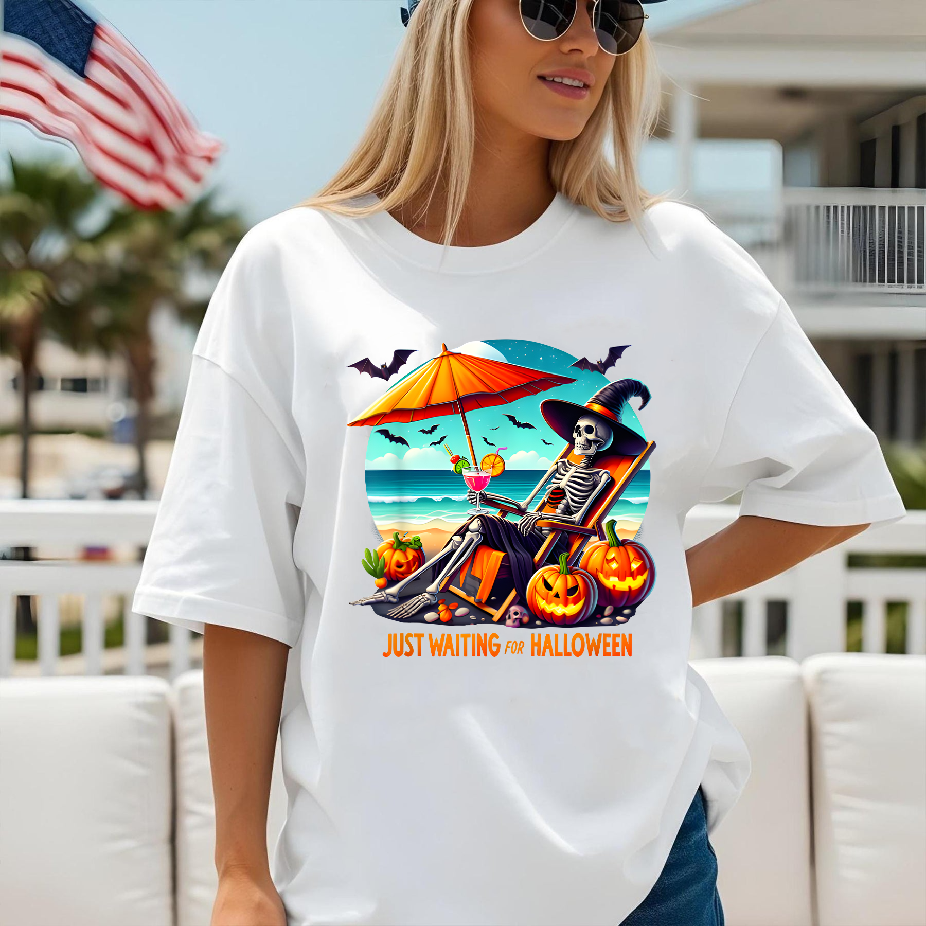 Just Waiting For Halloween Shirt,Halloween Beach Spooky Skeleton T-Shirt