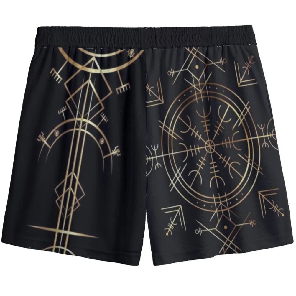Viking Vegvisir Mysticism Shorts, Norse Rune Athletic Shorts, Nordic Viking Symbol Bottoms, Viking Spiritual Activewear, Sacred Geometry Shorts