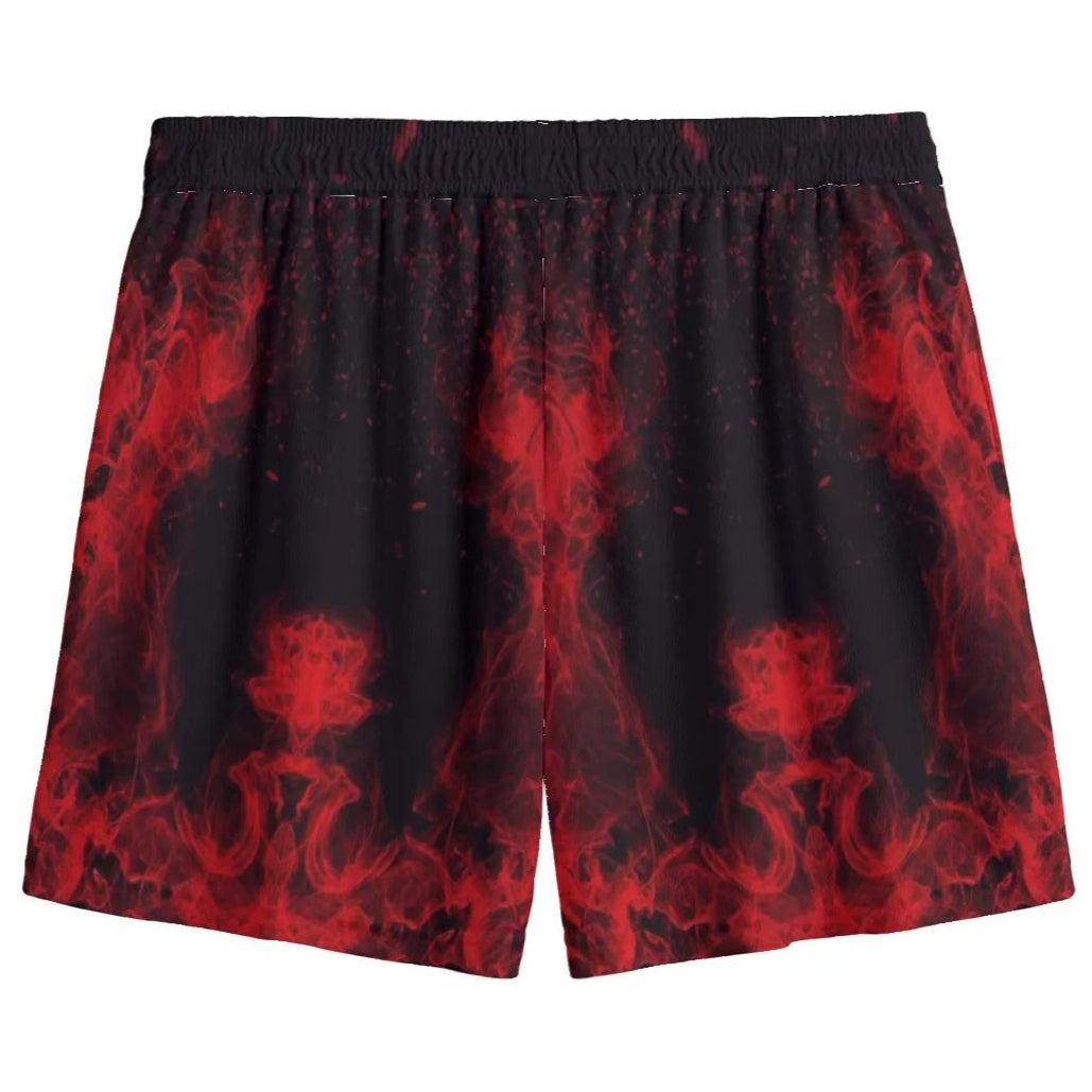 Native American Skull Shorts, Red Feather Headdress Bottoms, Tribal Gothic Shorts, Red Smoke Graphic Wear, Warrior Biker Style