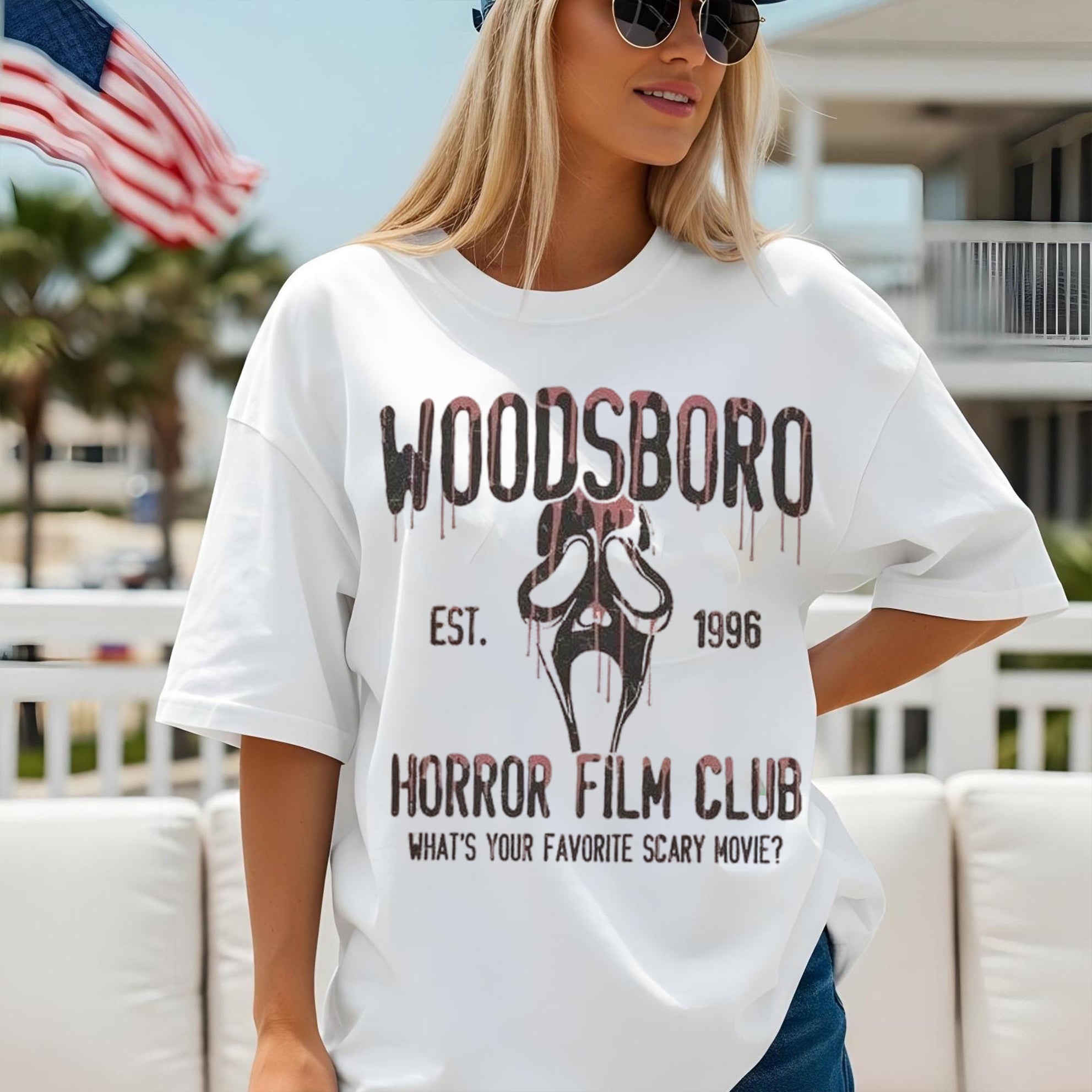 Woodsboro Horror Film Club T Shirt, Scream Ghostface Halloween Tee Shirt, Vintage Scary Movie Quote Tee, 90s Horror Fan Graphic Top, Halloween T Shirts For Adults
