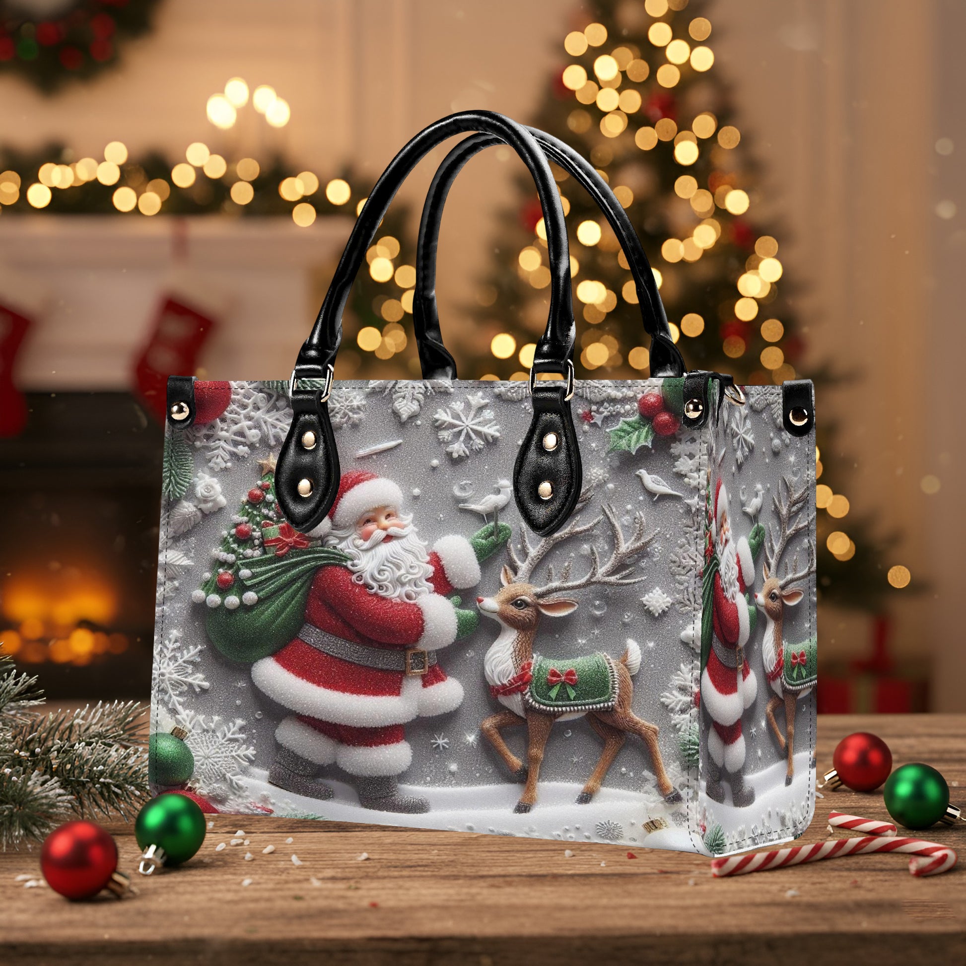 Santa and Reindeer Christmas Handbag, Classic Festive Holiday Purse, Cute Winter Wonderland Tote, Christmas Gift Idea