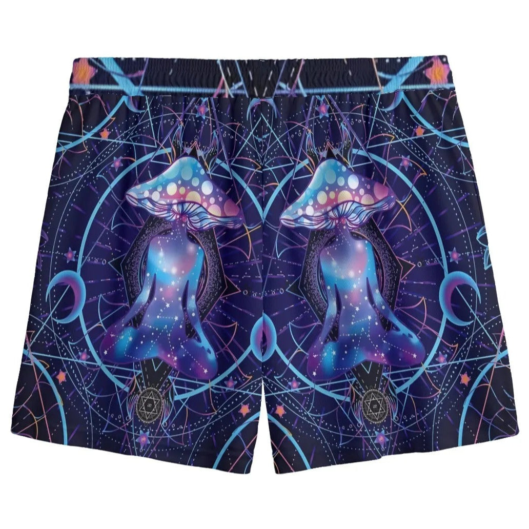 Mystic Mushroom Awakening Shorts, Psychedelic Spiritual Bottoms, Cosmic Mushroom Print Shorts, Visionary Art Festival Wear, Boho Mystic Style