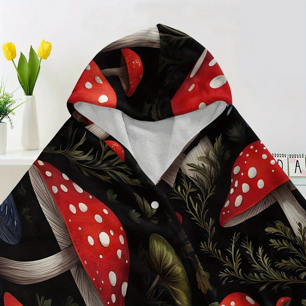 Mushroom Hooded Blanket, Red Toadstool Fungi Pattern, Cozy Warm Throw Blanket, Perfect Gift for Nature Lovers and Outdoor Use. BLKAC57