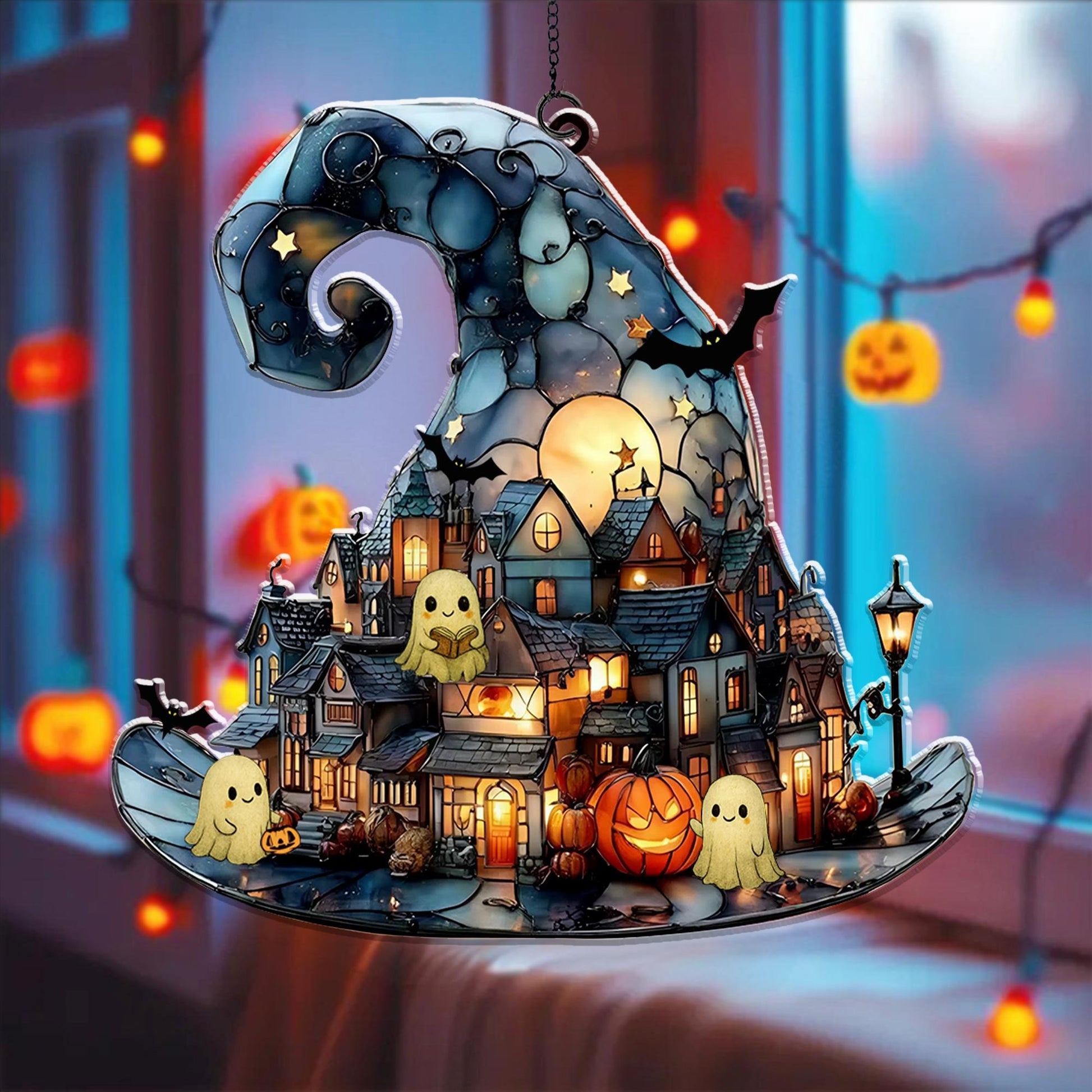 Personalized Witch Hat Village Acrylic Suncatcher, Halloween Town Faux Stained Glass Window Hanging, Spooky Home Decor For Halloween, Cute Ghost Suncatcher