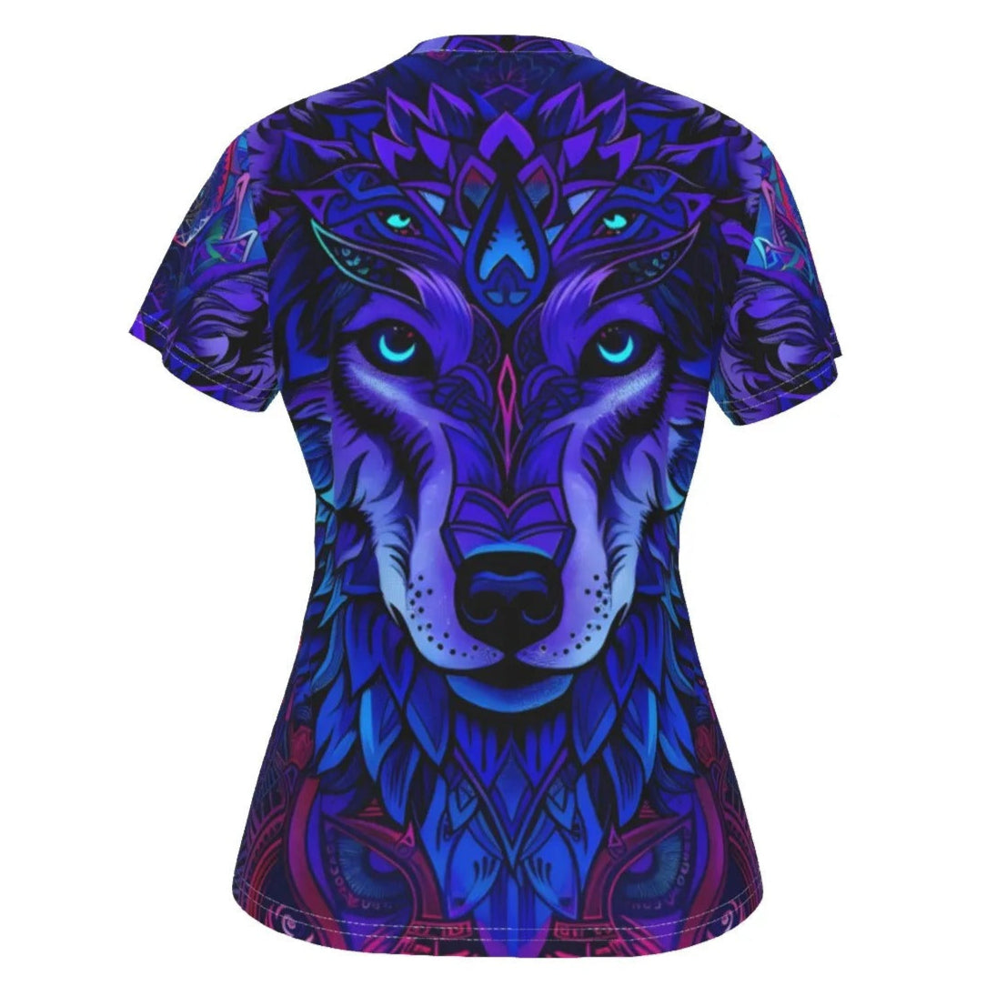 Wolf Mandala V-Neck T-Shirt, Women’s Tribal Spirit Animal Tee with Blue Violet Geometric Wolf Design, Women's Fit, V-neck Shirt, Shortsleeve