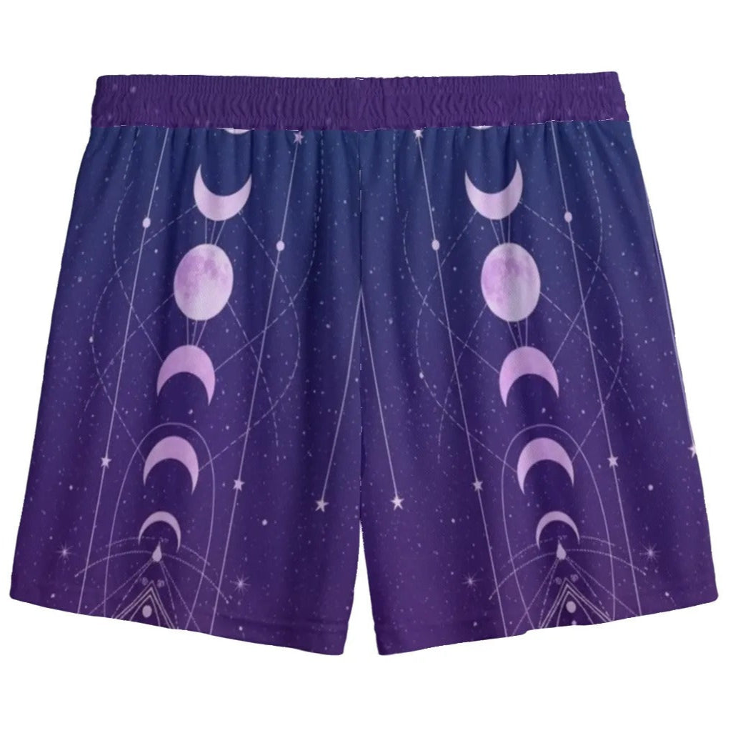 Mystic Lunar Mandala Shorts, Moon Phase Spiritual Bottoms, Celestial Lotus Print Shorts, Sacred Geometry Cosmic Wear, Boho Mystic Style