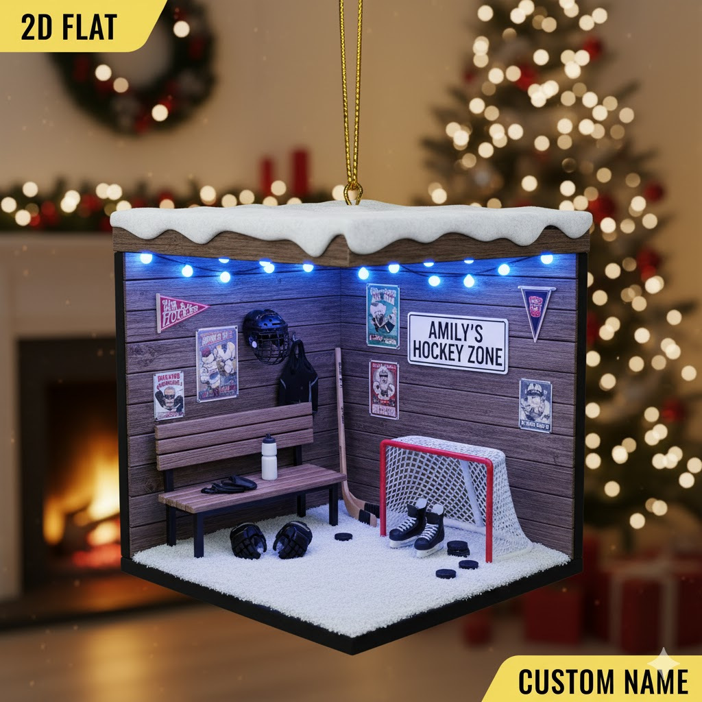 Personalized Hockey Room Ornament, Custom Name 2D Flat Christmas Decoration, Gift for Hockey Player or Fan