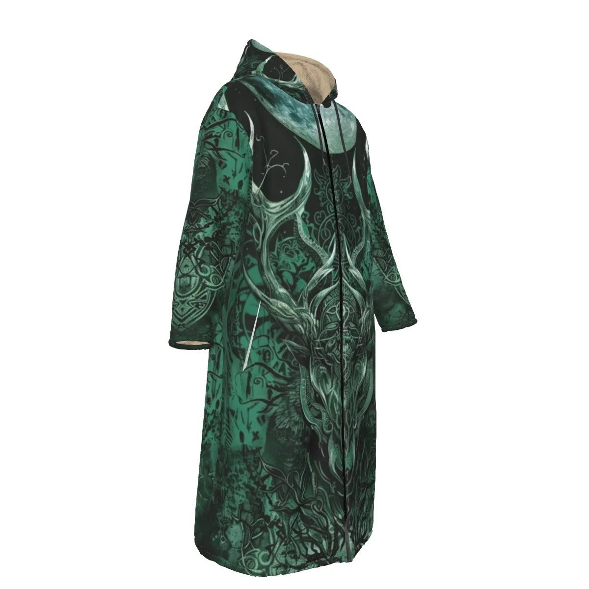 Viking Zip-Up Cloak with Antler Design – Norse Mythology Inspired Hooded Coat for Men & Women, Warm Fleece Lined, Medieval Fantasy Outerwear