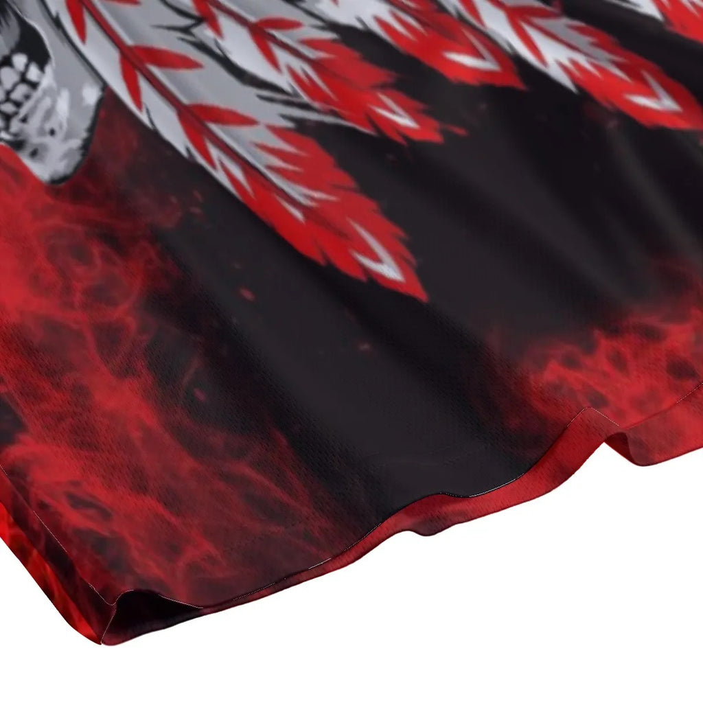 Native American Skull Shorts, Red Feather Headdress Bottoms, Tribal Gothic Shorts, Red Smoke Graphic Wear, Warrior Biker Style