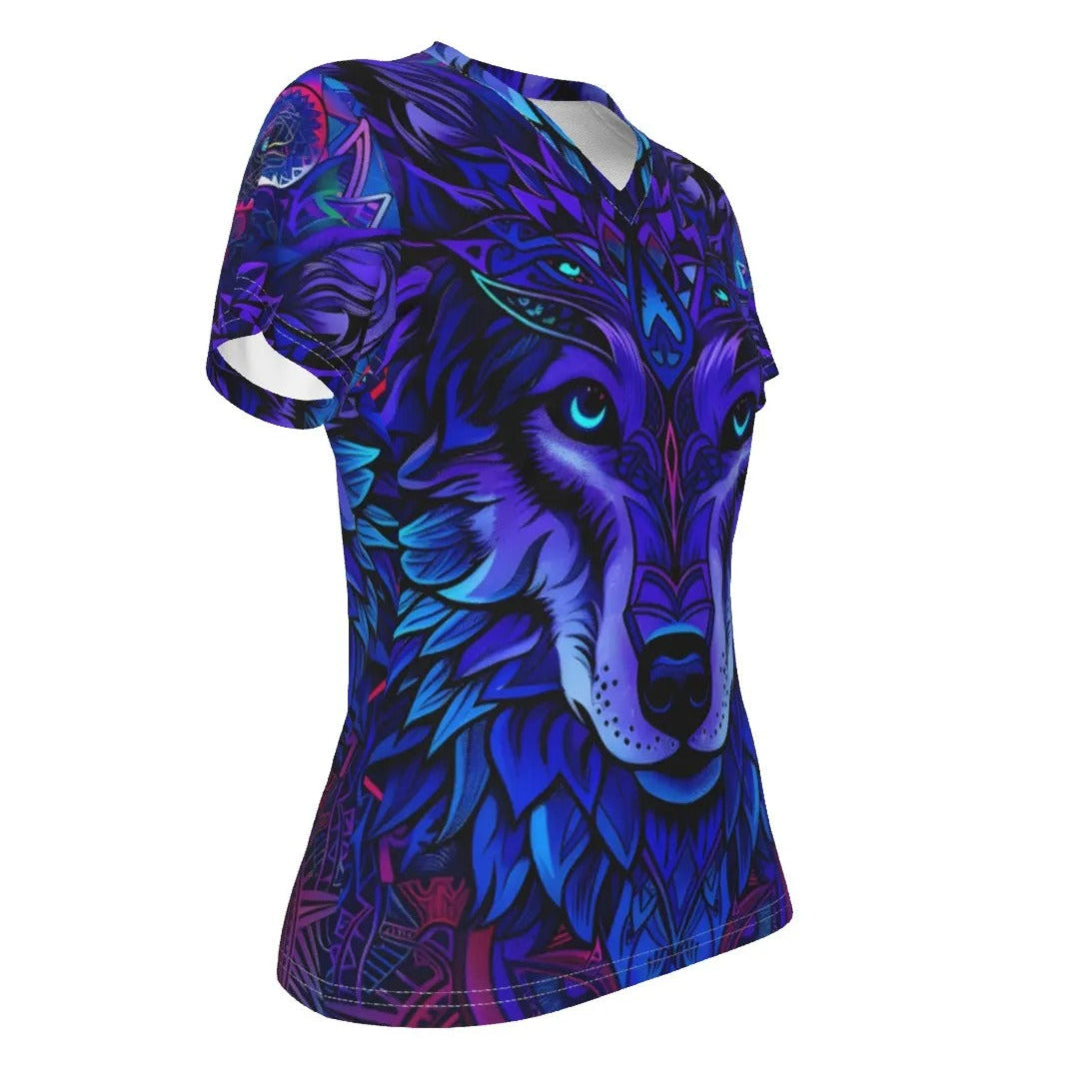 Wolf Mandala V-Neck T-Shirt, Women’s Tribal Spirit Animal Tee with Blue Violet Geometric Wolf Design, Women's Fit, V-neck Shirt, Shortsleeve