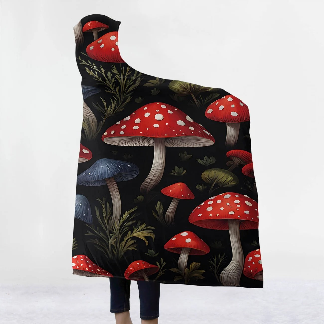 Mushroom Hooded Blanket, Red Toadstool Fungi Pattern, Cozy Warm Throw Blanket, Perfect Gift for Nature Lovers and Outdoor Use. BLKAC57