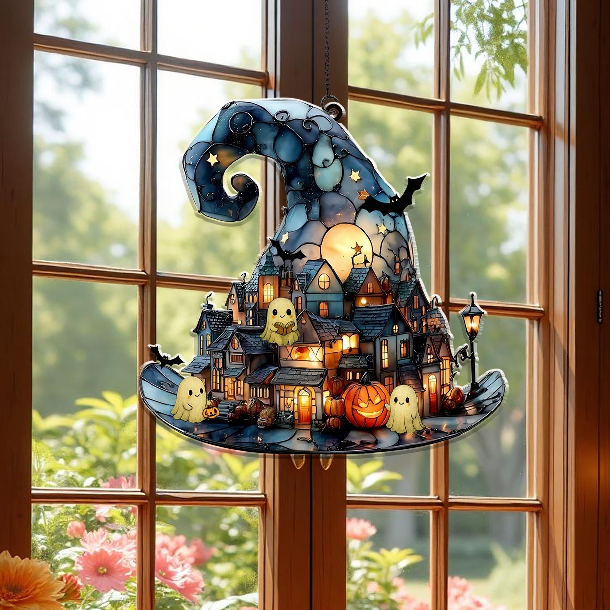 Personalized Witch Hat Village Acrylic Suncatcher, Halloween Town Faux Stained Glass Window Hanging, Spooky Home Decor For Halloween, Cute Ghost Suncatcher