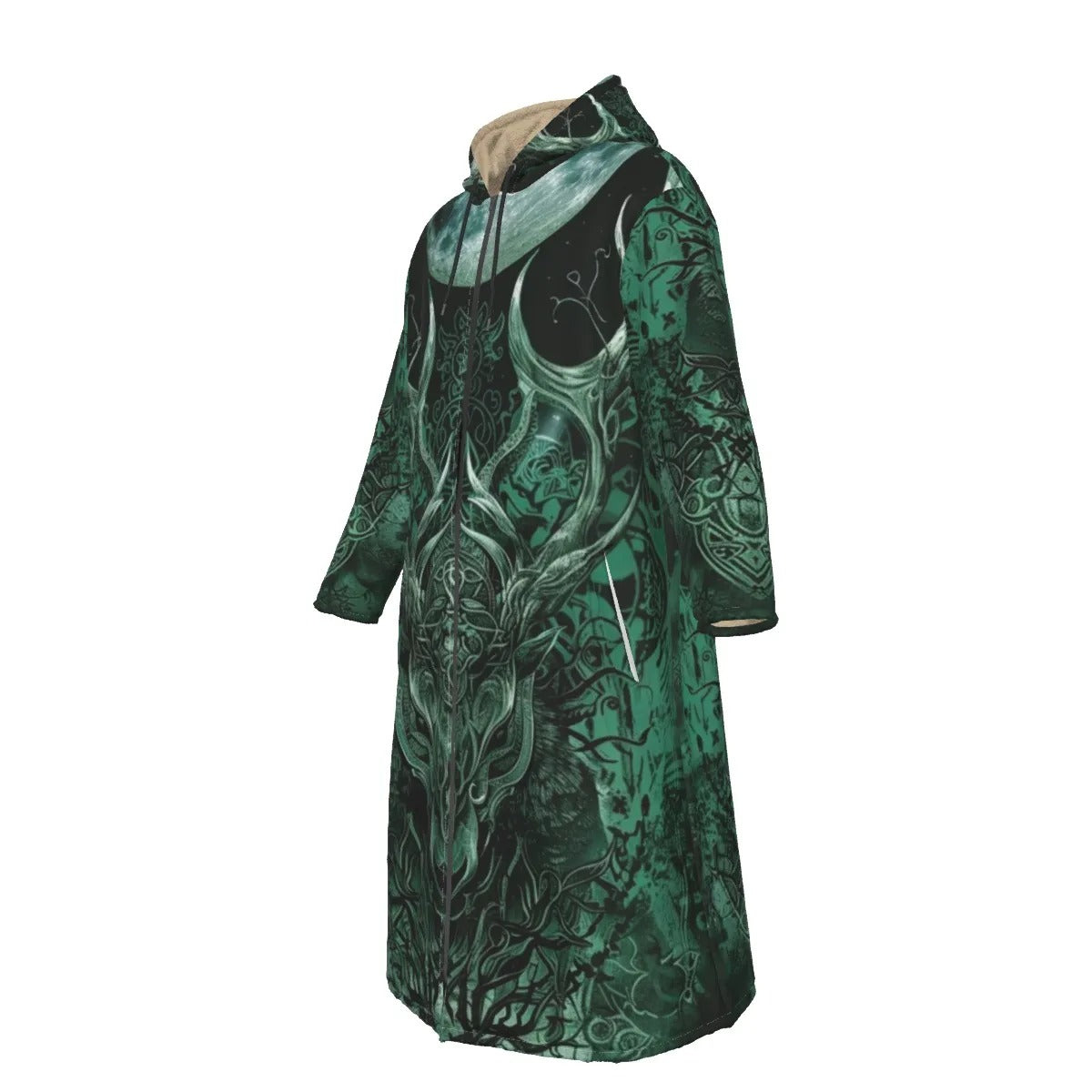 Viking Zip-Up Cloak with Antler Design – Norse Mythology Inspired Hooded Coat for Men & Women, Warm Fleece Lined, Medieval Fantasy Outerwear