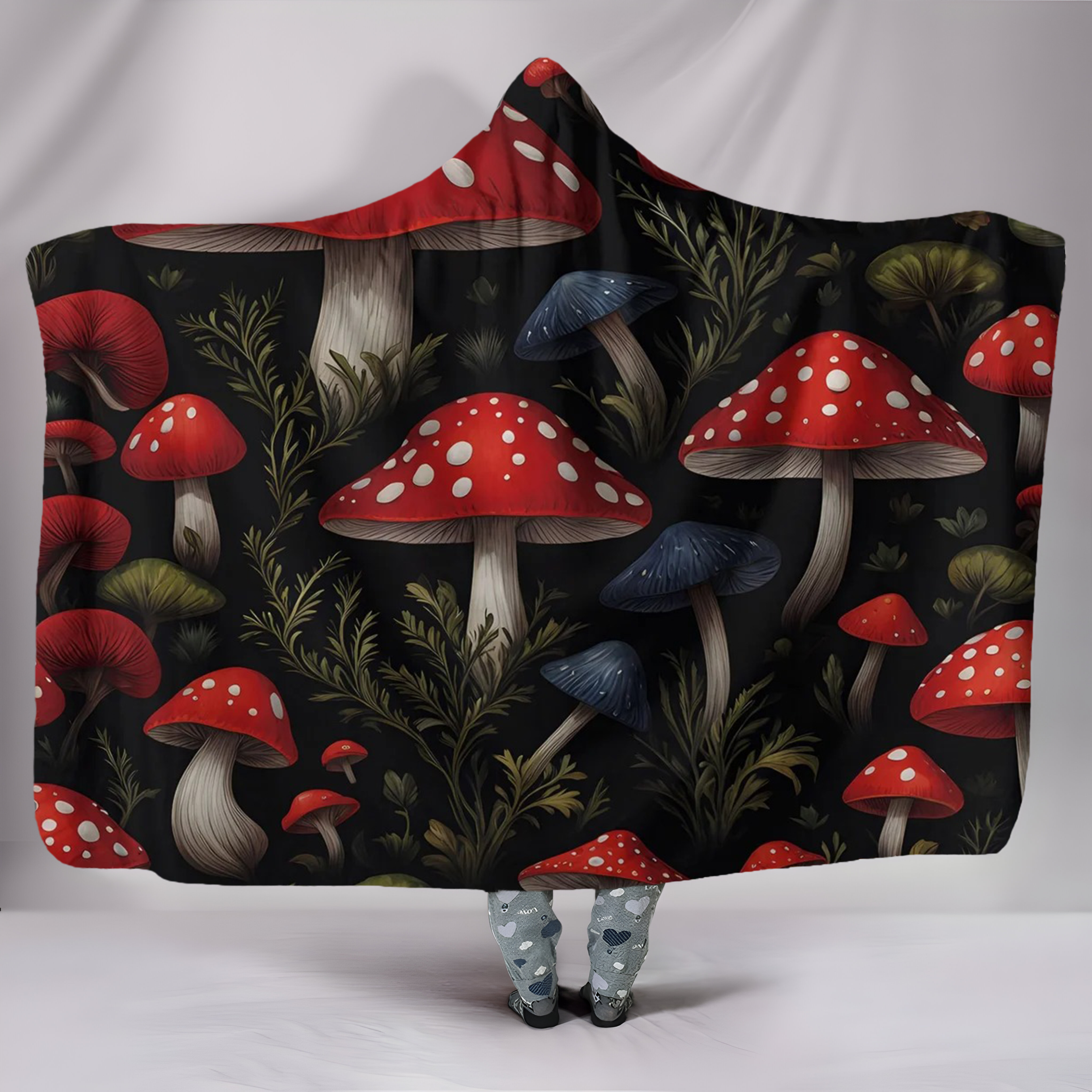Mushroom Hooded Blanket, Red Toadstool Fungi Pattern, Cozy Warm Throw Blanket, Perfect Gift for Nature Lovers and Outdoor Use. BLKAC57