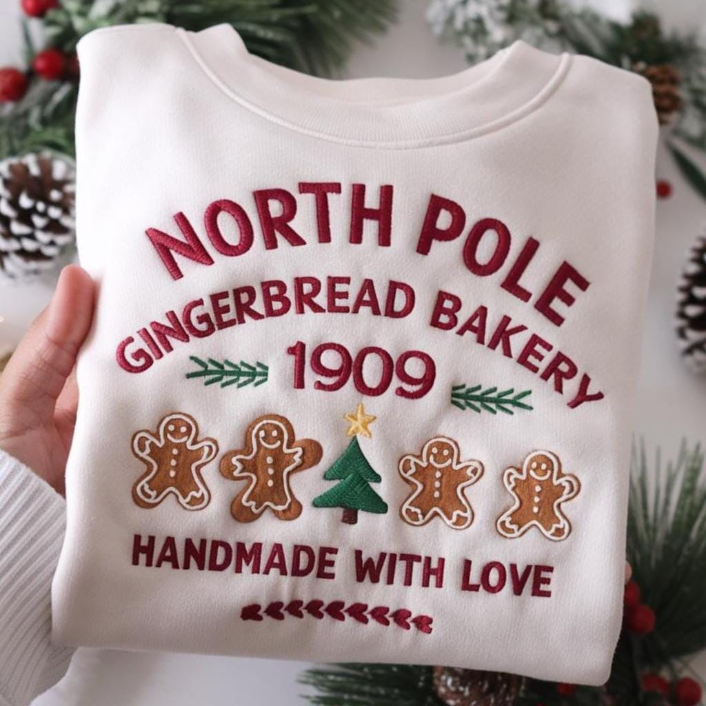 North Pole Gingerbread Bakery Embroidered Sweatshirt, Christmas Crewneck, Cute Holiday Sweater, Gingerbread Shirt, Xmas Gift EBAC52
