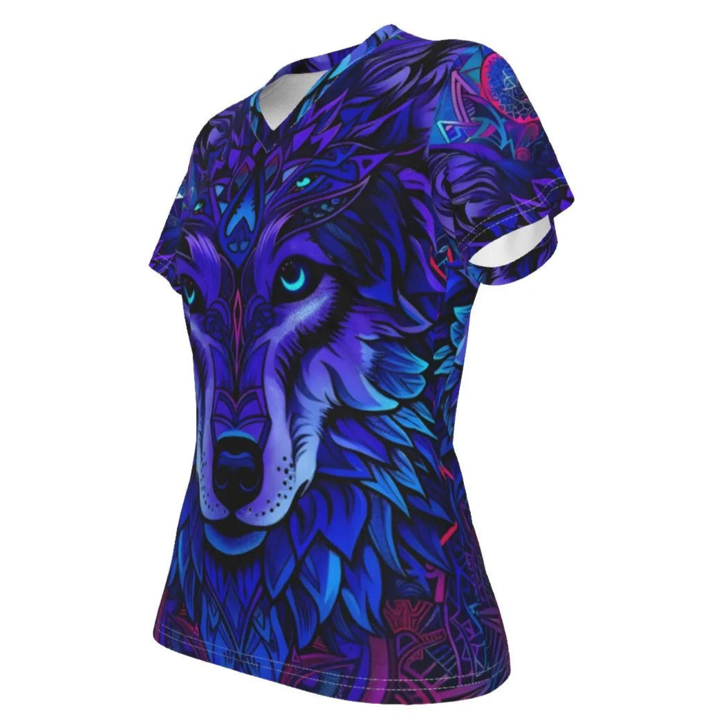 Wolf Mandala V-Neck T-Shirt, Women’s Tribal Spirit Animal Tee with Blue Violet Geometric Wolf Design, Women's Fit, V-neck Shirt, Shortsleeve