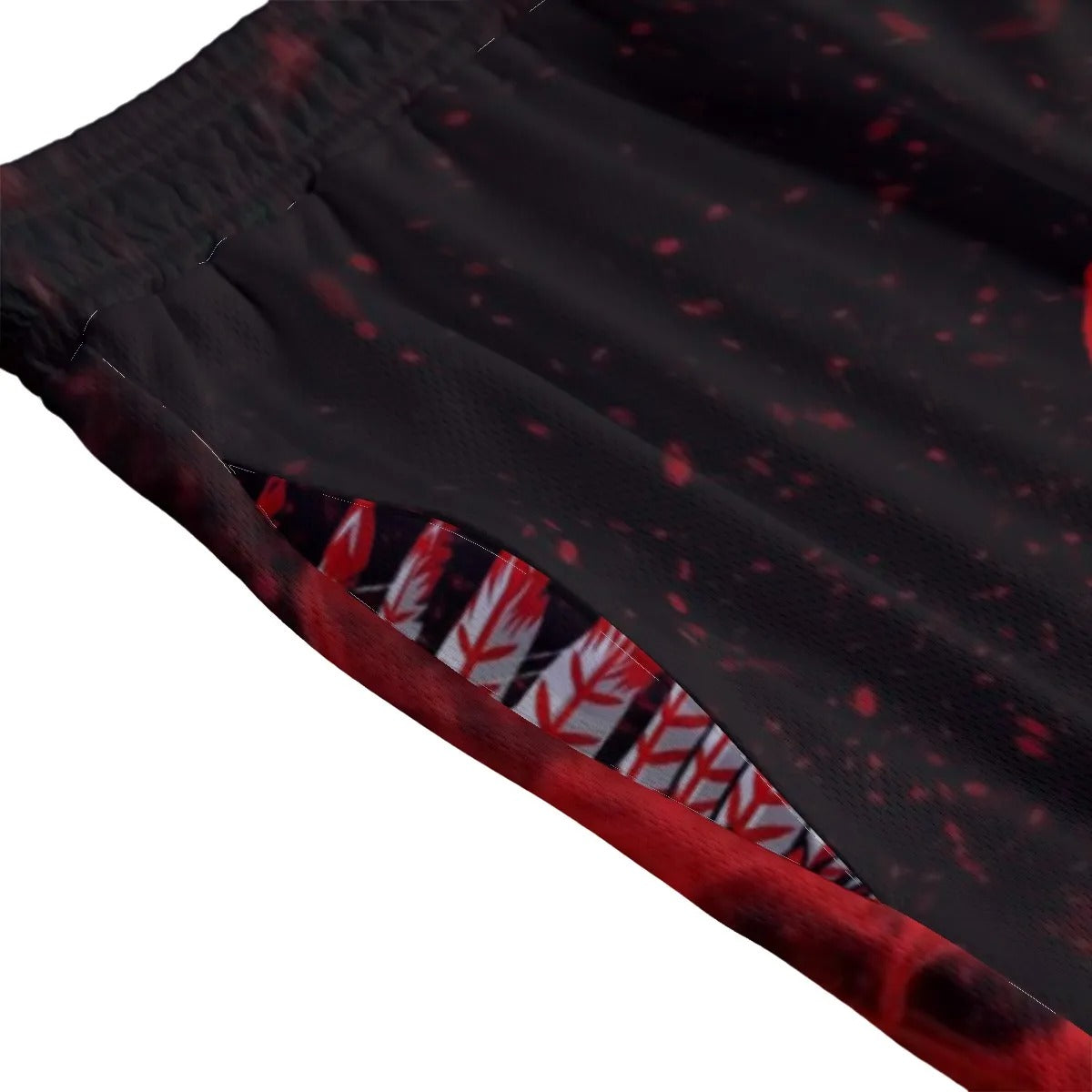 Native American Skull Shorts, Red Feather Headdress Bottoms, Tribal Gothic Shorts, Red Smoke Graphic Wear, Warrior Biker Style