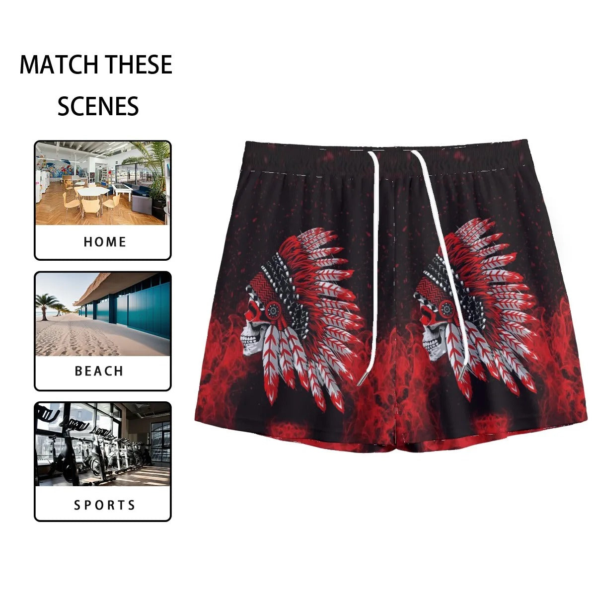 Native American Skull Shorts, Red Feather Headdress Bottoms, Tribal Gothic Shorts, Red Smoke Graphic Wear, Warrior Biker Style